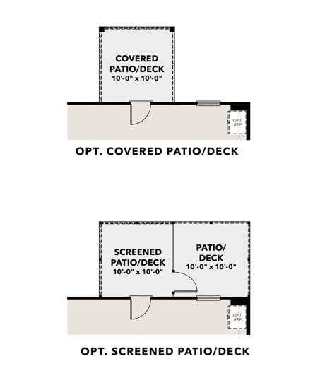 Optional 10x10 covered patio deck and screened patio deck floor plan options for Davidson Homes Hickory B in Winder Georgia