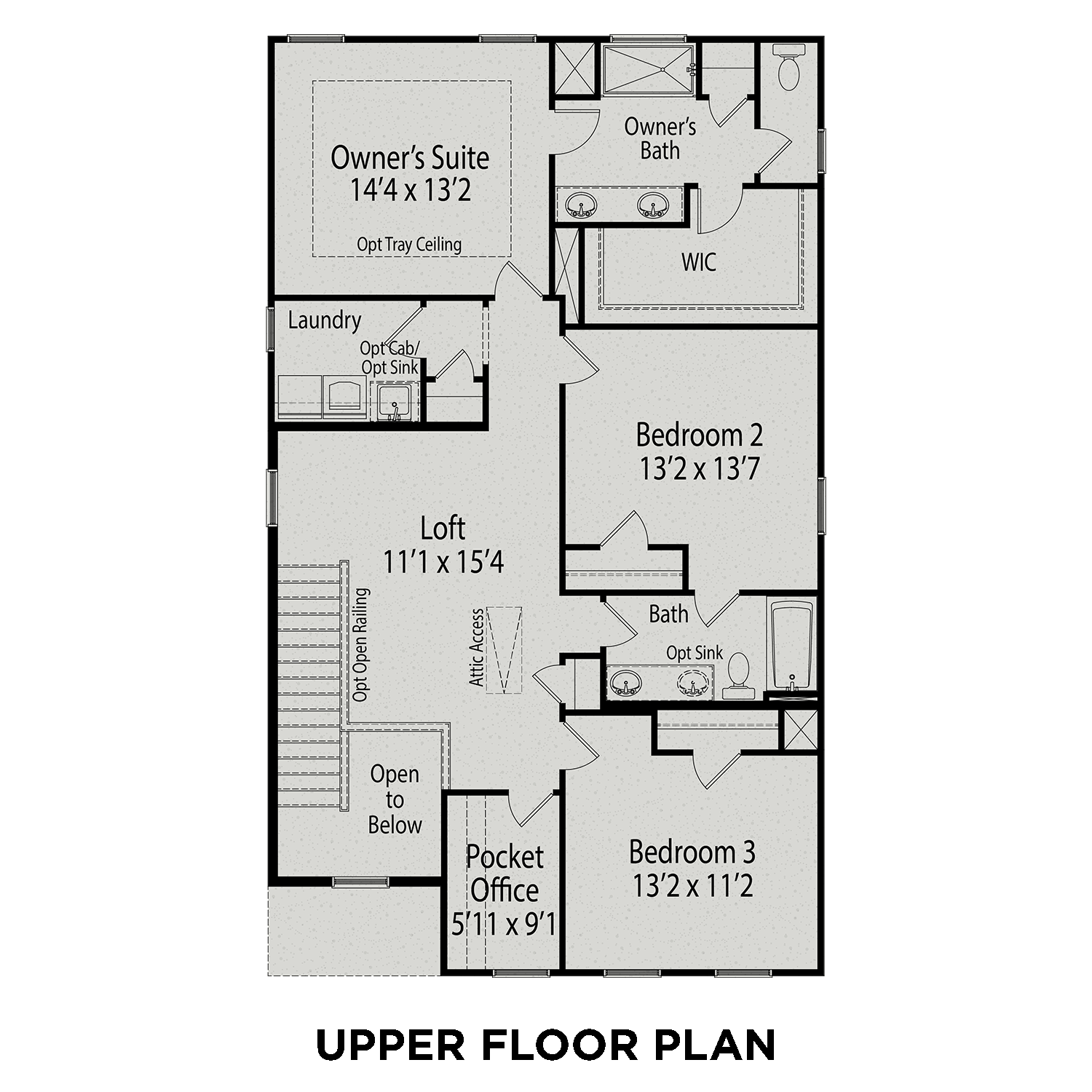 Upper floor plan of The Gavin A showcasing owner's suite, loft, bedrooms, baths, and laundry in 2-story Davidson home