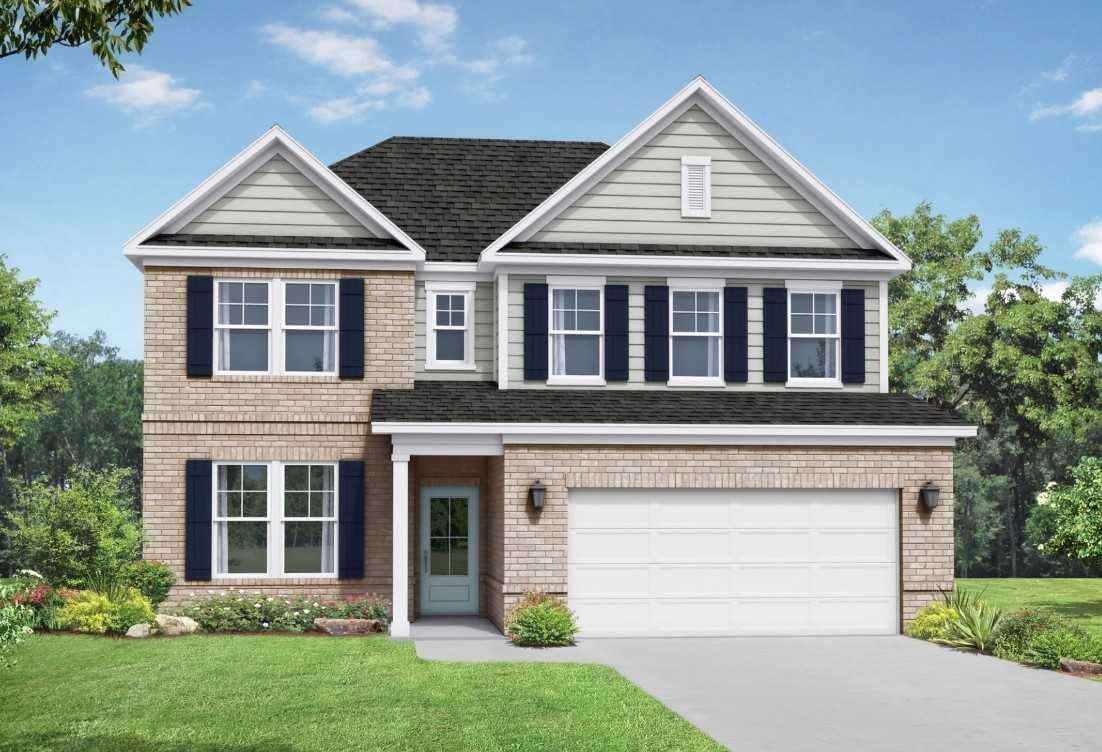 Two-story brick home with 2-car garage, black shutters, and front porch in Woods Crossing, Gallatin, Tennessee - Davidson Homes Willow C