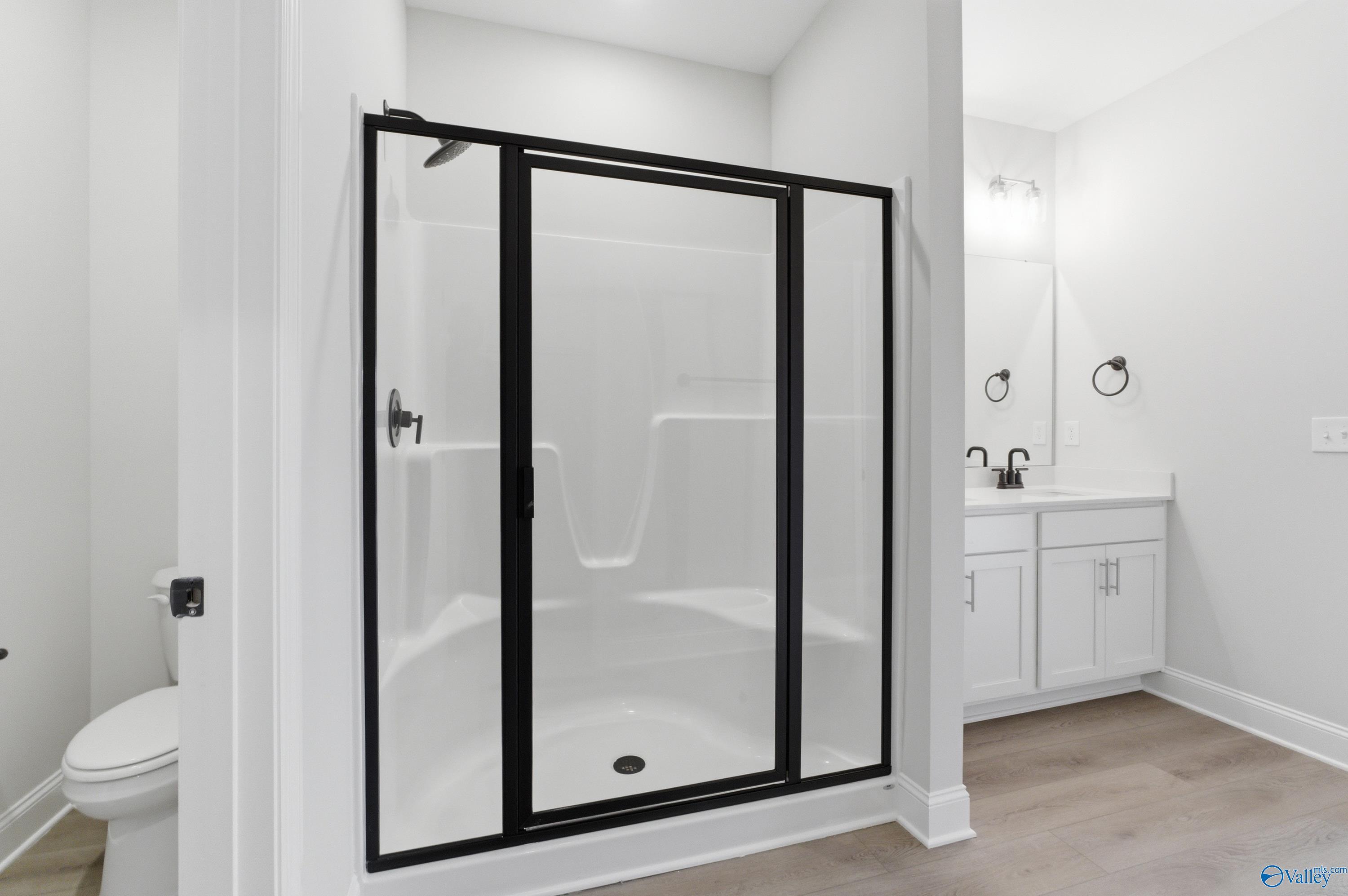 Frameless glass shower and double vanity in modern master bathroom, The Daphne C by Davidson Homes, Huntsville, Alabama