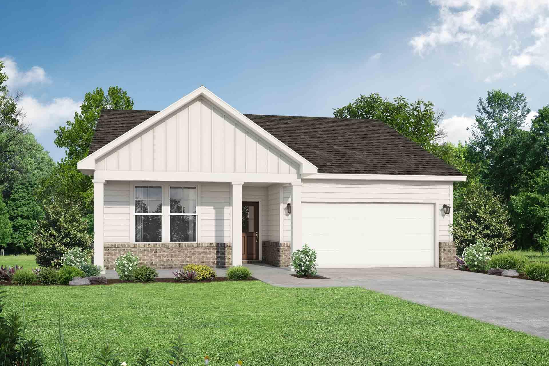 Charming one-story The Asheville exterior with white siding, black gabled roof, two-car garage, and landscaped yard in White House, TN