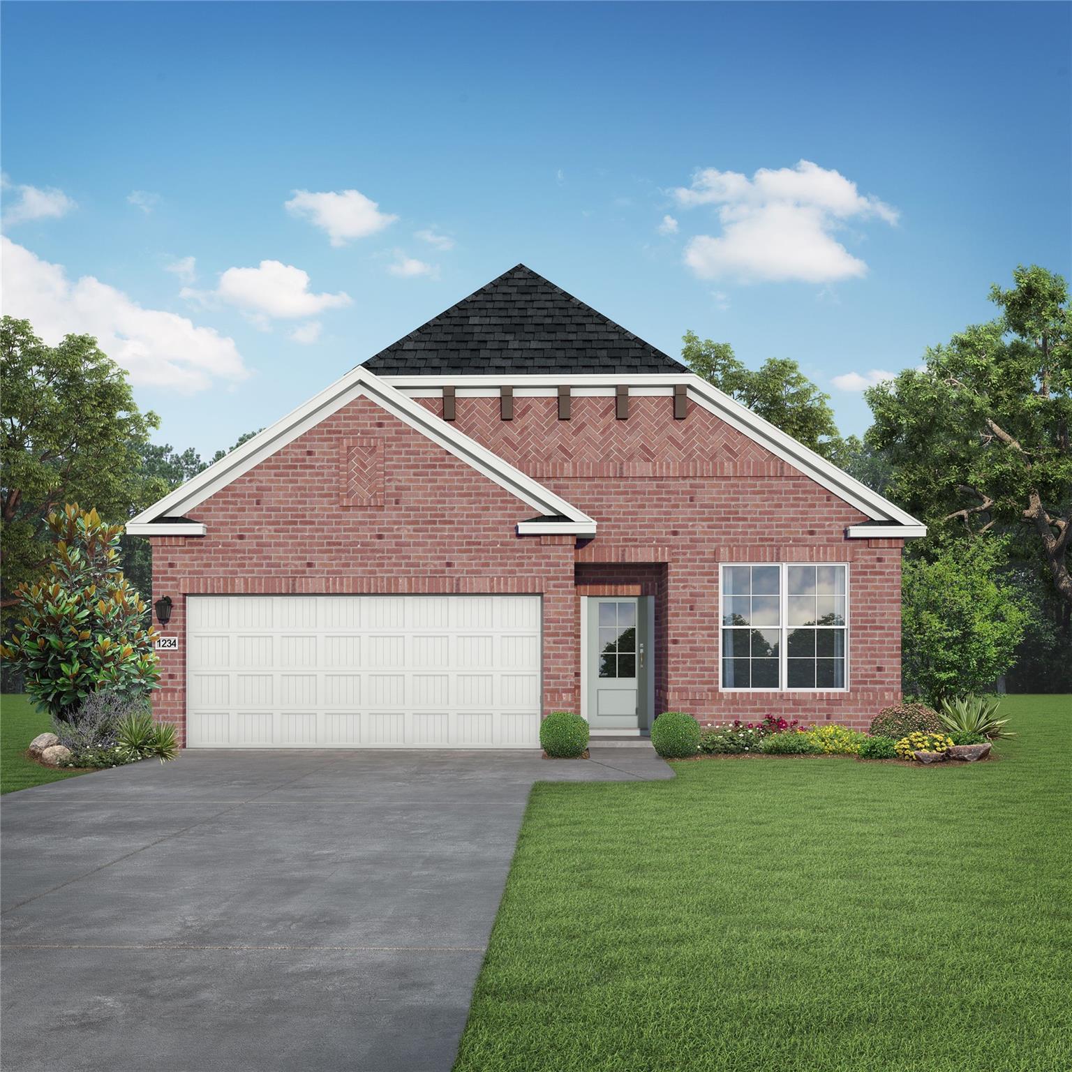 Modern brick 1-story home with 2-car garage, white trim, and lush landscaping in Sunterra, Katy, Texas - Davidson Homes Luna J