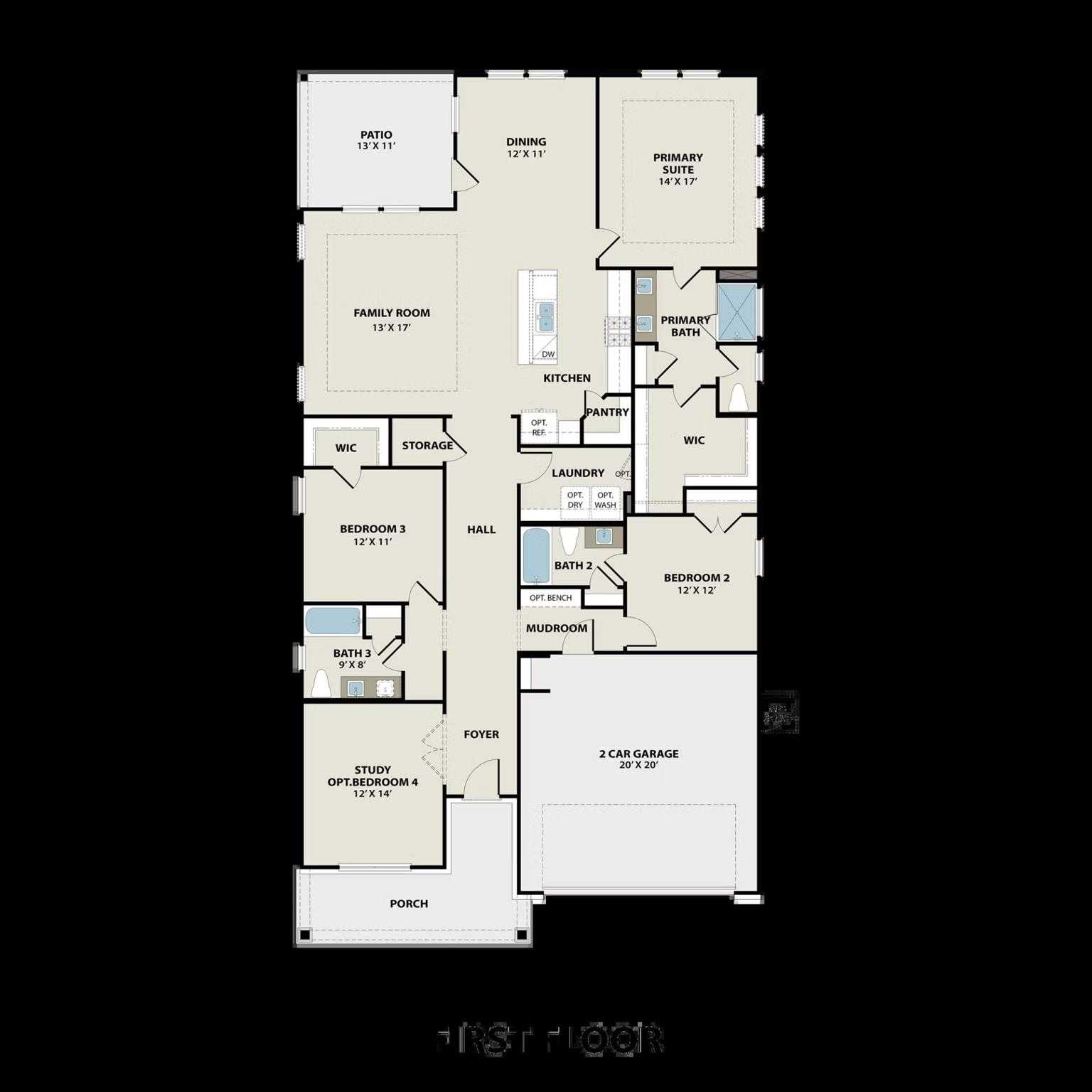 One-story floor plan of The Everett C by Davidson Homes: 4-bedroom, 3-bath, 2,136 sq ft layout with open kitchen, family room, primary suite, 2-car garage in Sundance Cove, Crosby, Texas