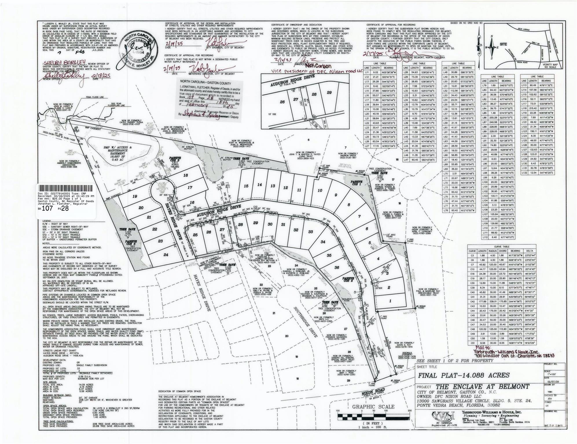 Final plat survey of The Enclave at Belmont subdivision lots along Audubon Ridge Drive in Belmont, North Carolina