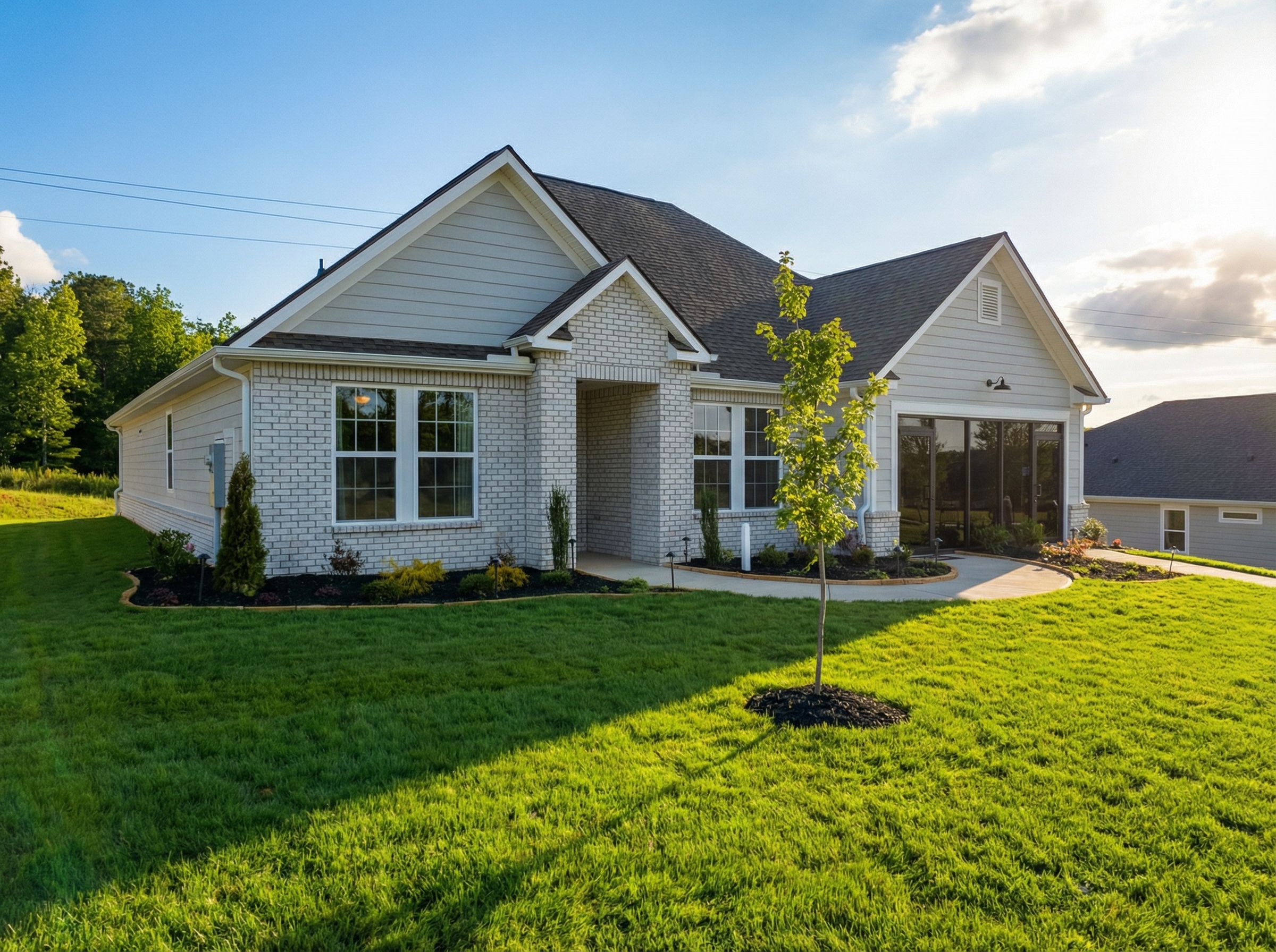 Modern Craftsman-style home exterior at Noble Ridge in Cullman, Alabama with brick accents, covered porch, and lush green lawn