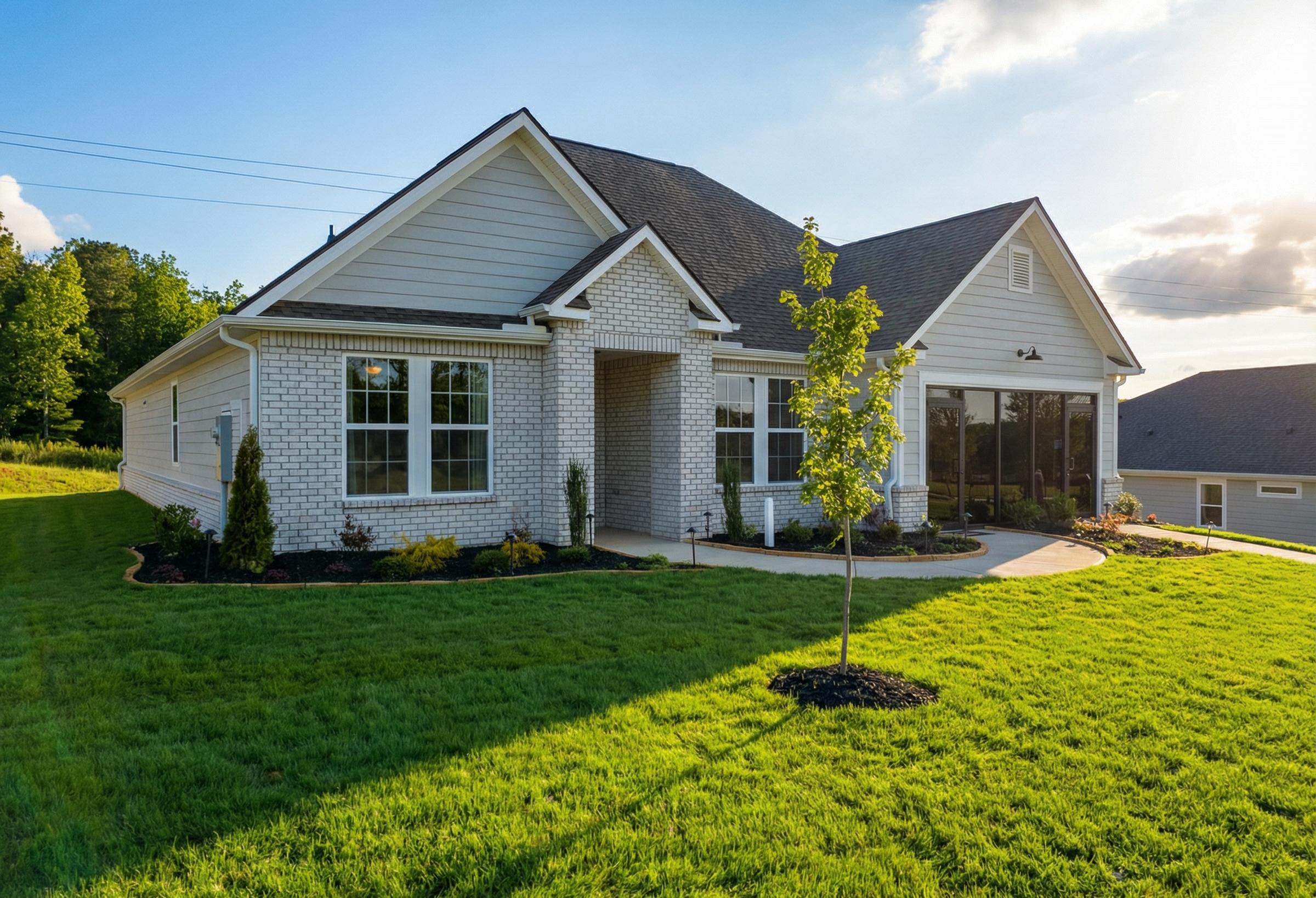 Single-story Hibiscus E home design by Davidson Homes in Priceville, AL featuring a cement and brick exterior.