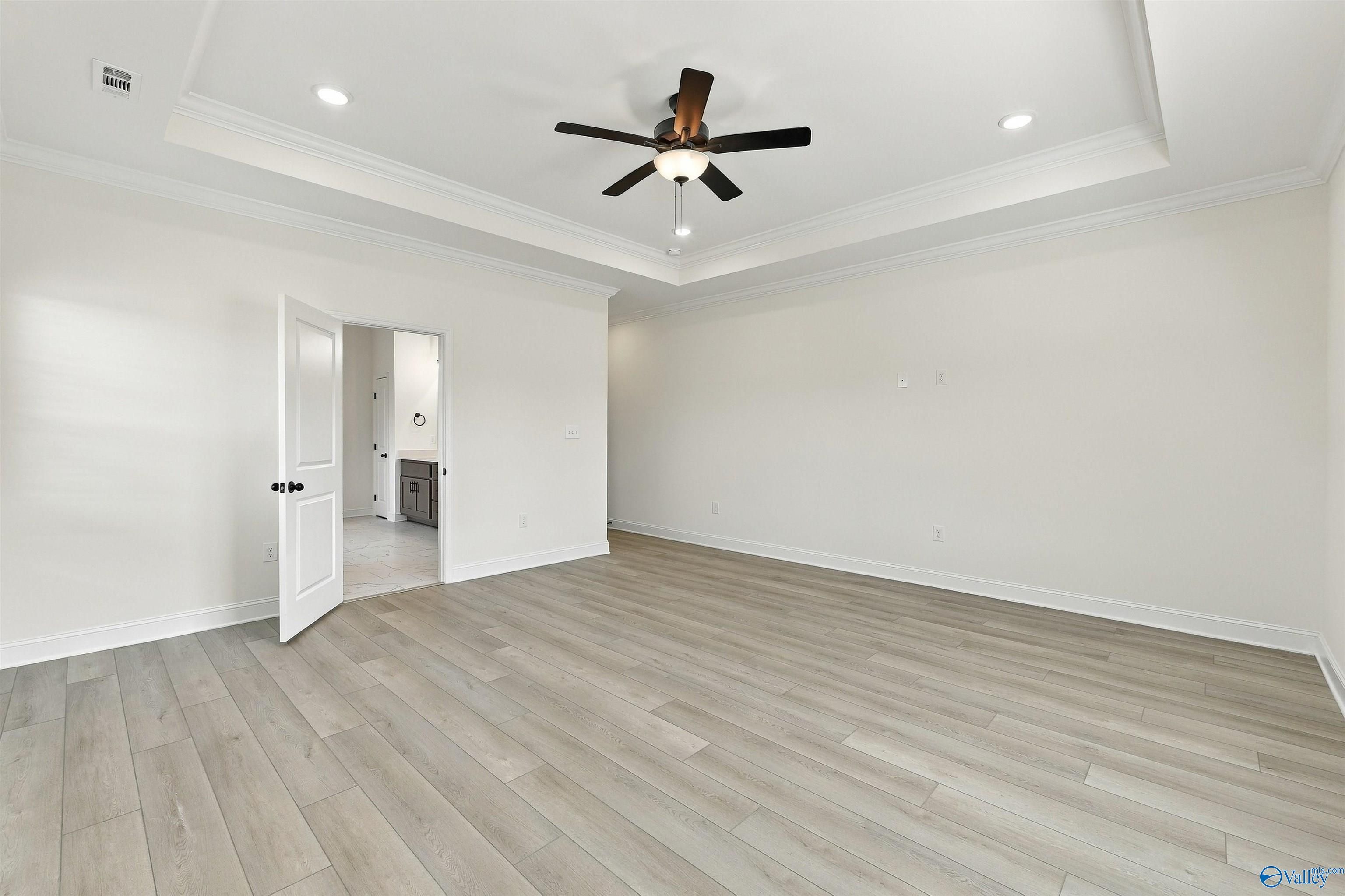 Spacious primary bedroom with tray ceiling, ceiling fan, and luxury vinyl plank flooring in Davidson Homes The Valencia, Huntsville