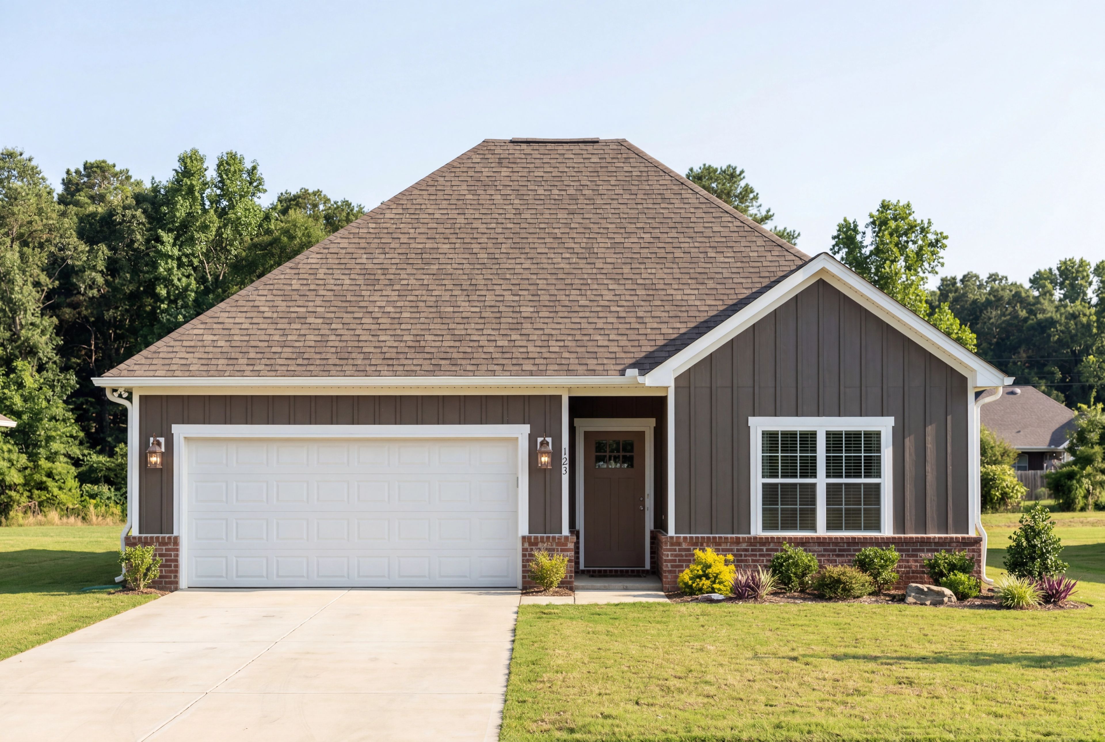 The Asheville D by Davidson Homes featuring a 1-story single-family home design with 2-car garage and brick exterior.