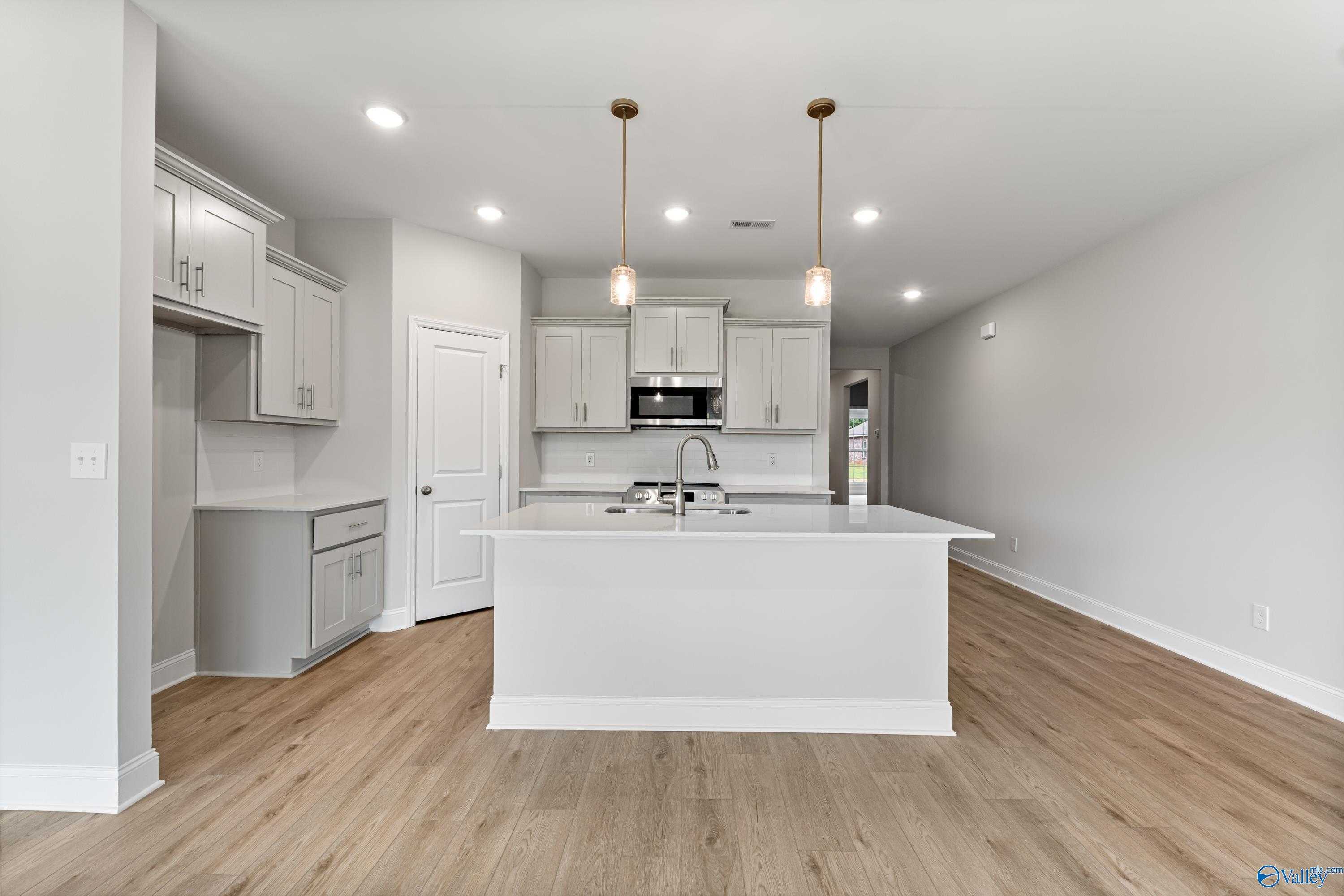 Modern white kitchen with oversized island, stainless steel appliances, and hardwood floors in The Daphne C, Davidson Homes, Athens, AL