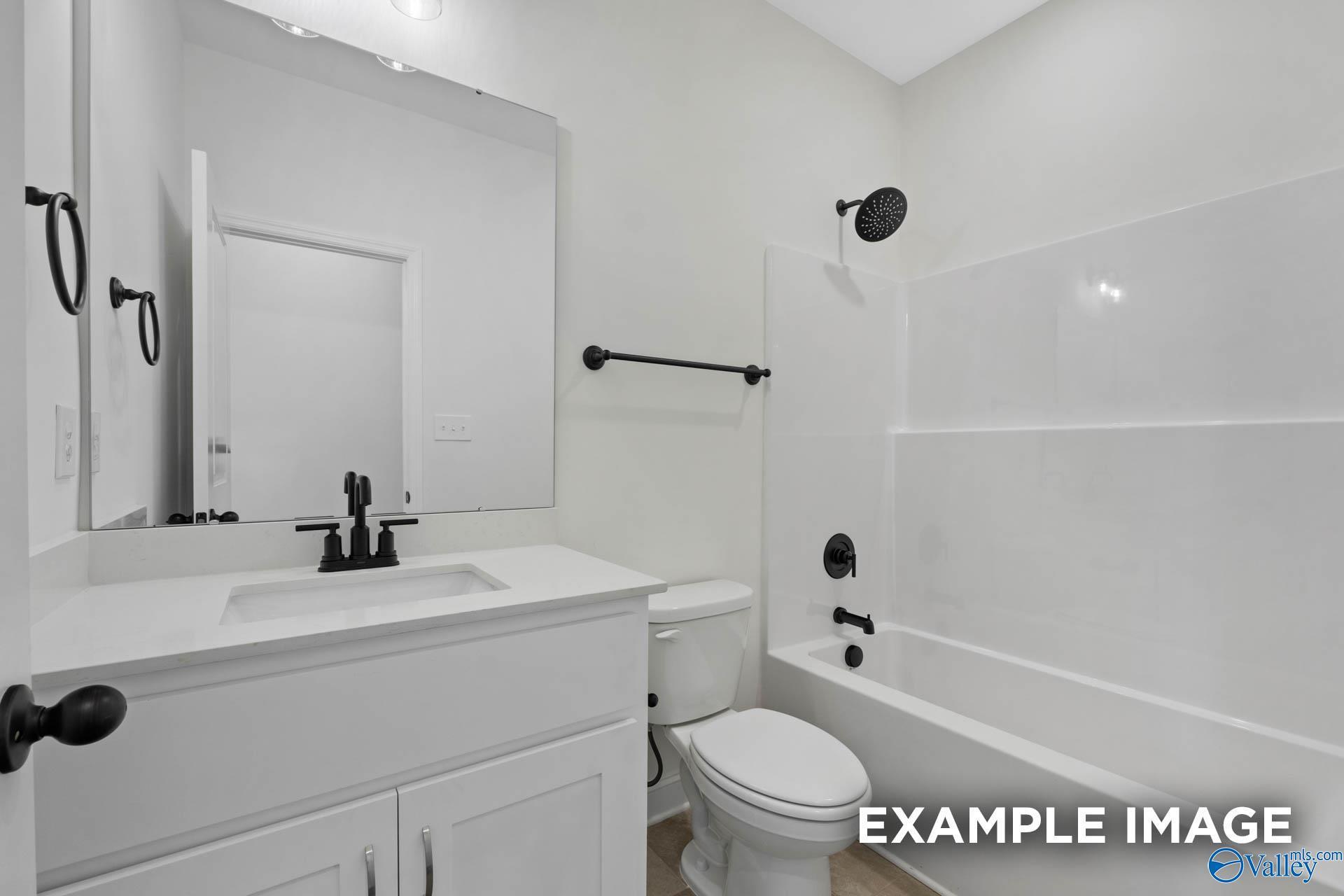 Modern bathroom with white vanity, matte black fixtures, and shower-tub combo in The Rockford B home, Briercreek, Alabama.