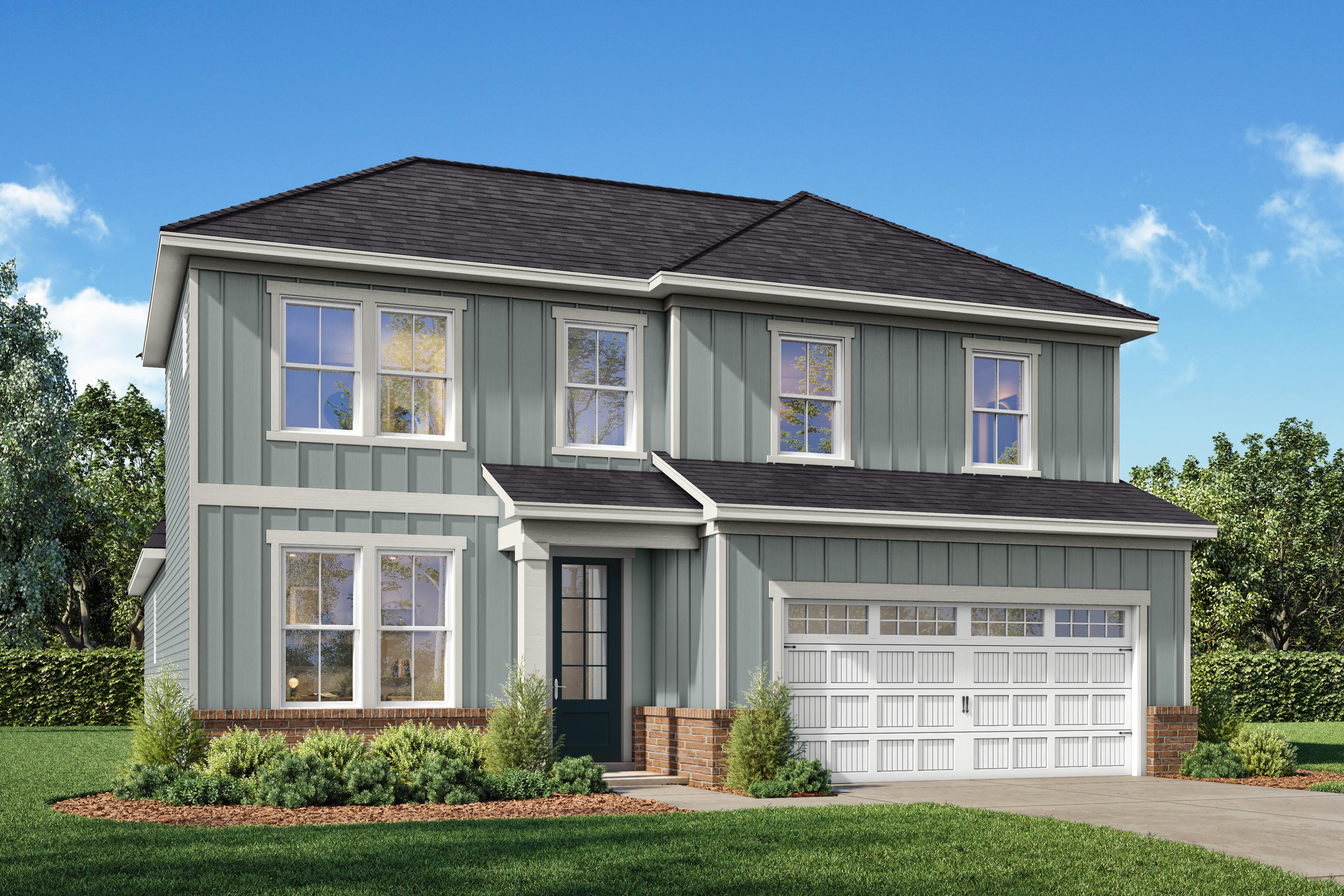 Ashport K 2-story home elevation in Wendell NC featuring gray vinyl siding, brick accents, 2-car garage