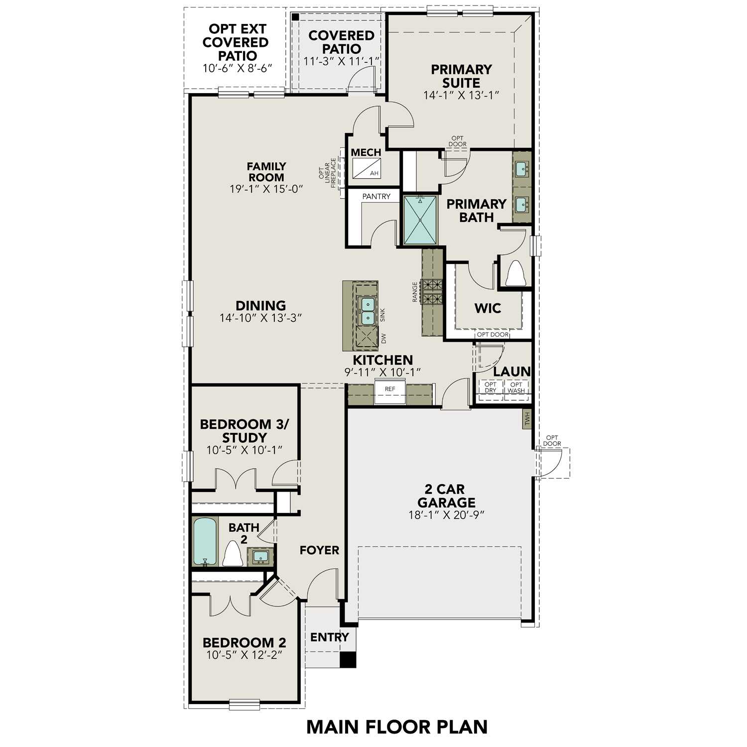 The Laguna B 3-bedroom single-story floor plan with 3-car garage, primary suite, open kitchen, family room and covered patio by Davidson Homes