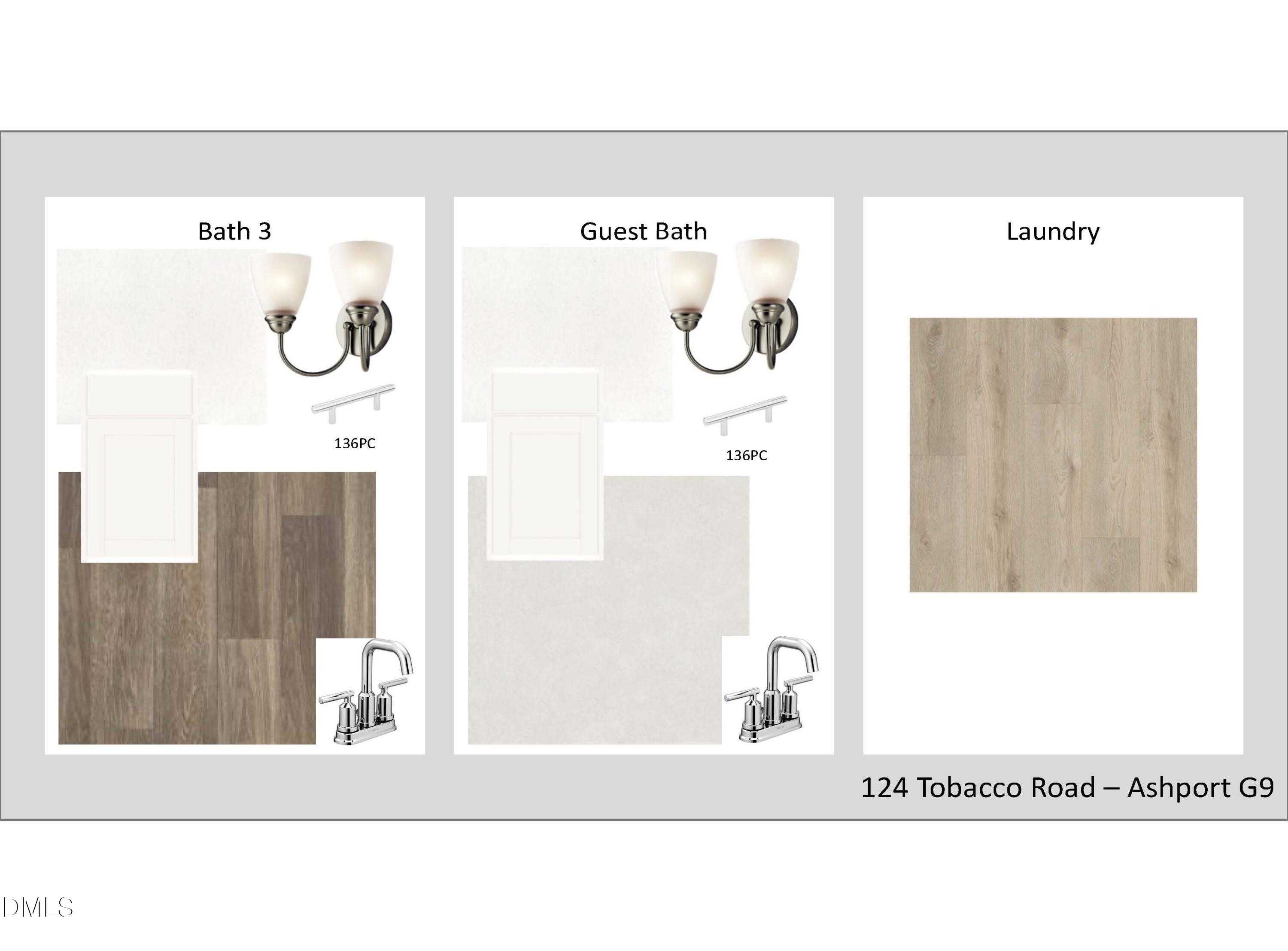 Bath 3, guest bath, and laundry with vanities, wall sconces, faucets, wood floors in Davidson Homes Ashport G, 124 Tobacco Road, Angier, NC