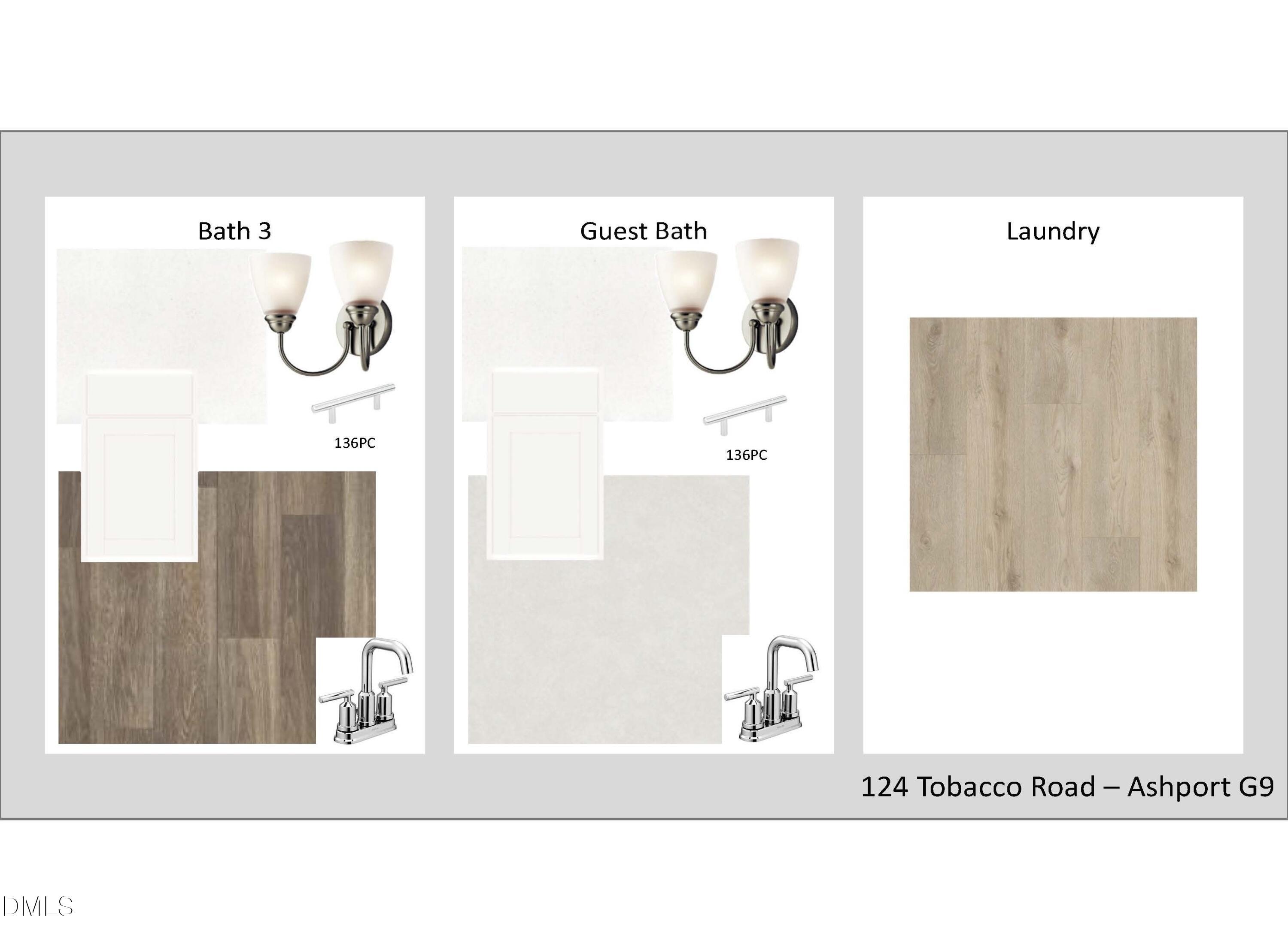 Bath 3, guest bath, and laundry with vanities, wall sconces, faucets, wood floors in Davidson Homes Ashport G, 124 Tobacco Road, Angier, NC