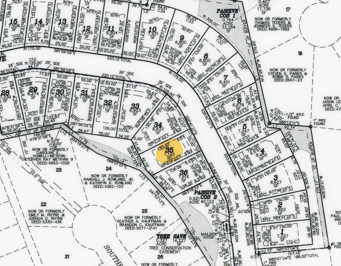 Highlighted lot 35 plat map showing homesites and lot dimensions in Enclave at Belmont subdivision, Belmont, North Carolina
