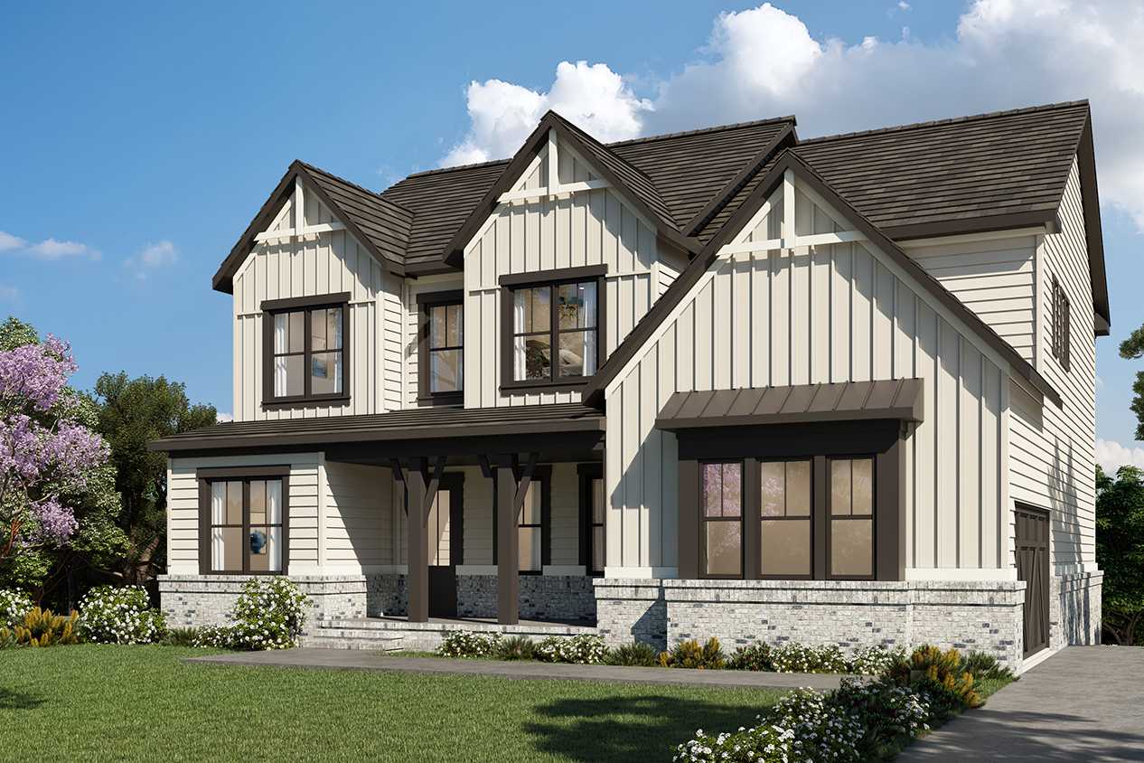Modern farmhouse elevation of The Arlington B with white shiplap siding, gabled roof, and 3-car garage in lush yard