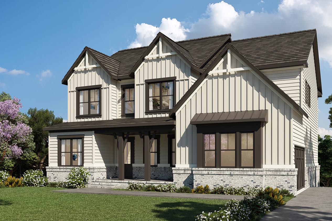 Modern farmhouse elevation of The Arlington B with white shiplap siding, gabled roof, and 3-car garage in lush yard