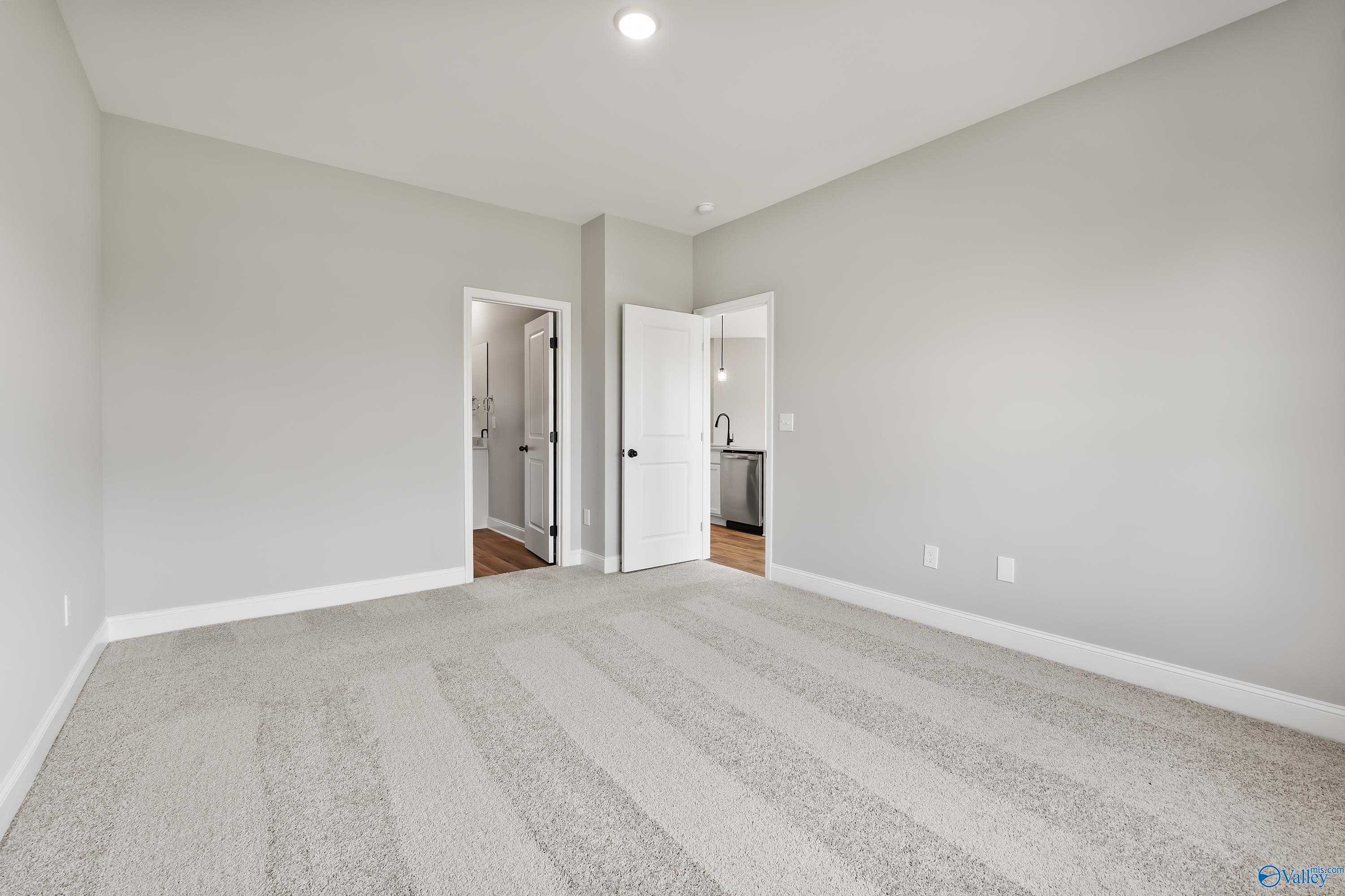 Spacious bedroom with light gray walls, carpeted floor, and open ensuite bathroom door in Davidson Homes The Franklin B, Hazel Green, AL