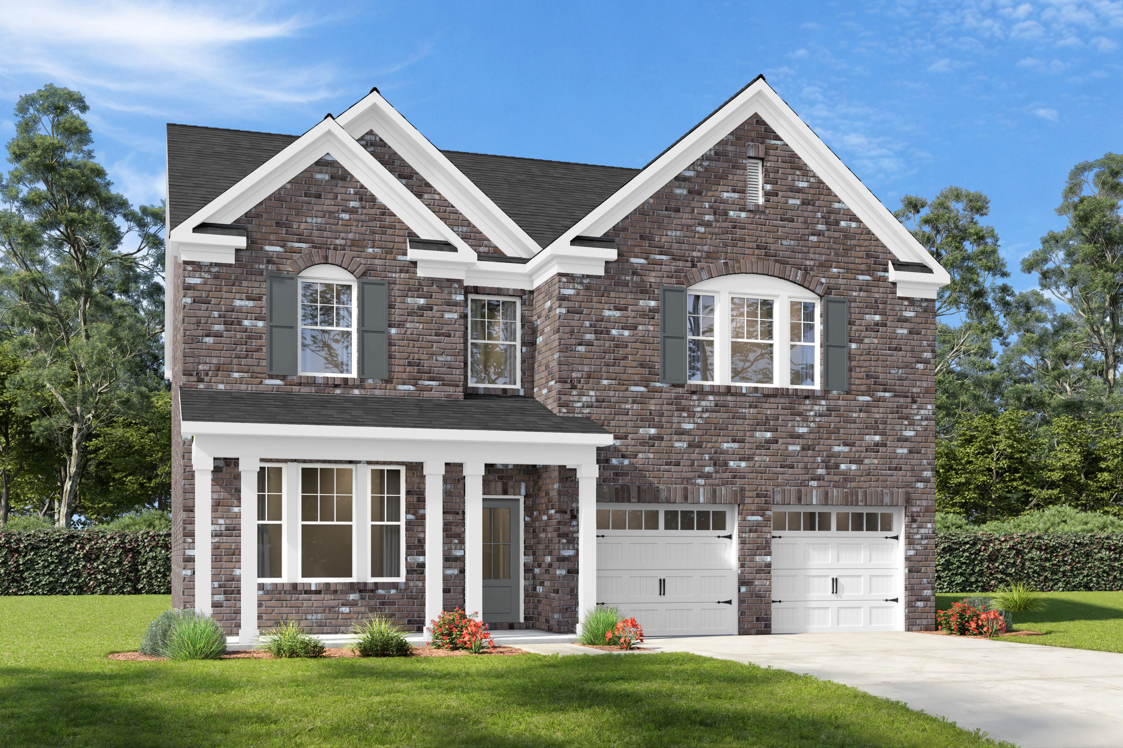 Brick exterior elevation of The Beech, a 2-story Davidson Homes single-family design with 2-car garage in Mt. Juliet, TN
