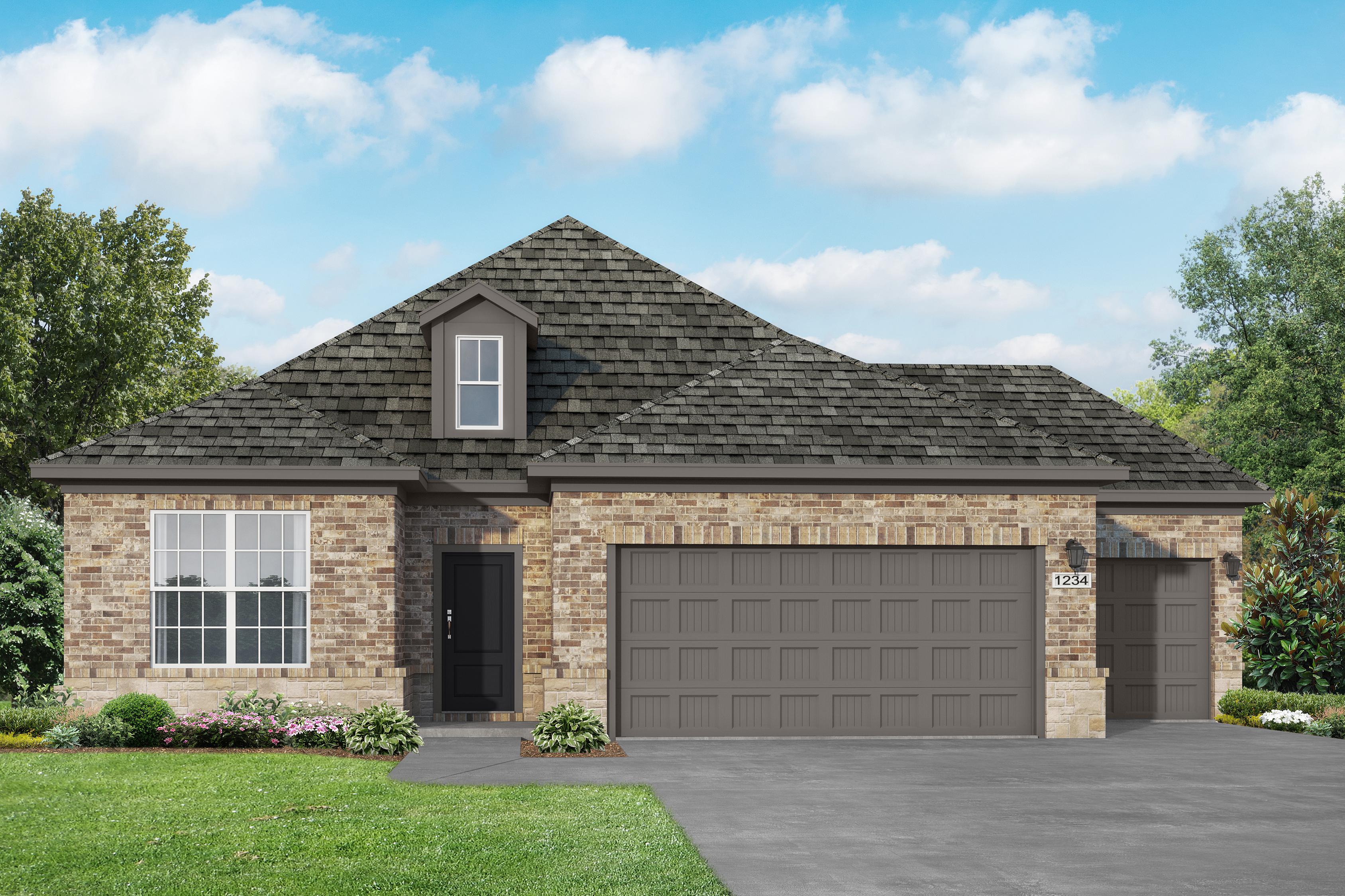 Brick exterior of The Everett E single-story home with 3-car garage, gabled roof, and landscaped yard by Davidson Homes