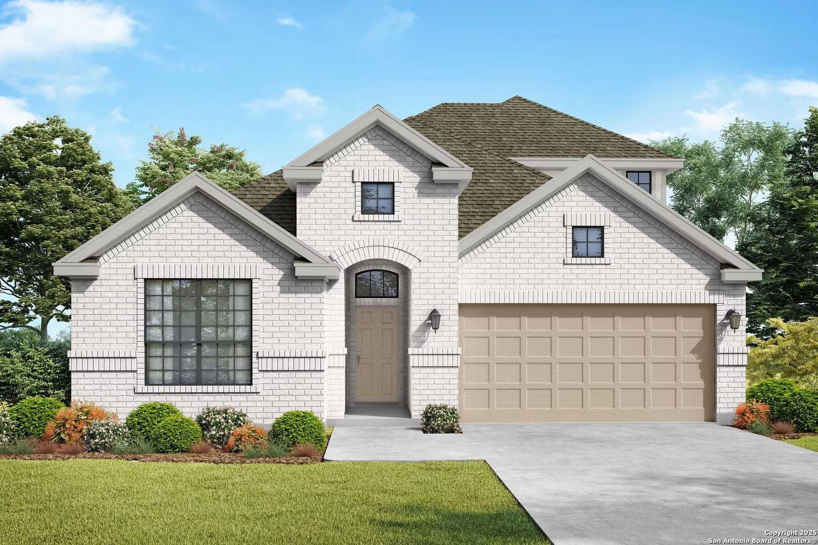 Modern single-story brick home with 2-car garage, arched entry, and lush landscaping in Hannah Heights, Seguin, Texas