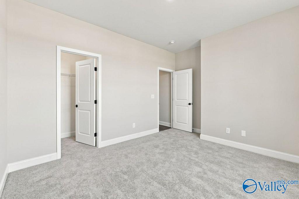 Spacious carpeted bedroom with walk-in closet and neutral walls in Davidson Homes The Rockford floor plan, Hartselle, Alabama