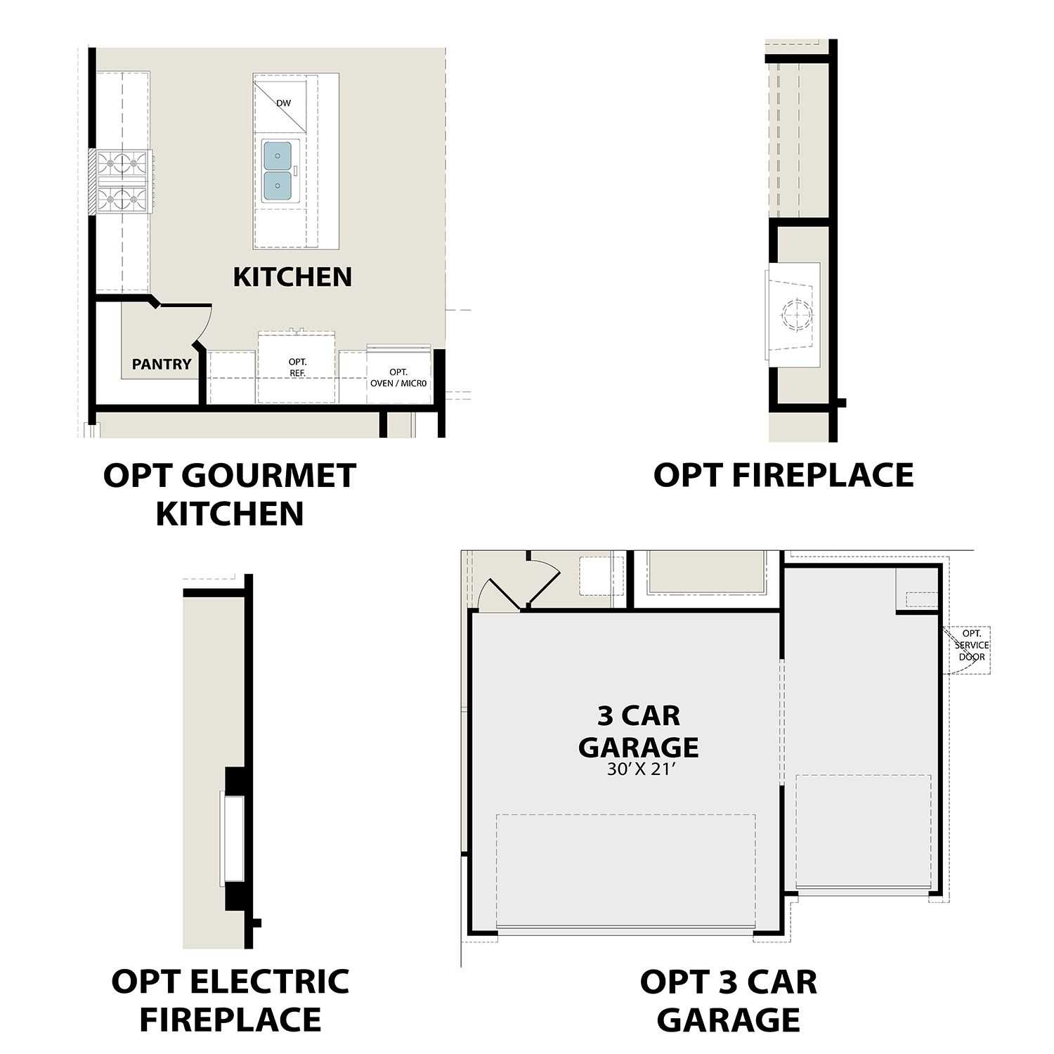 The Redbud B floor plan showcasing optional gourmet kitchen, pantry, electric fireplace, and 3-car garage (30x21) in Josephine Texas home