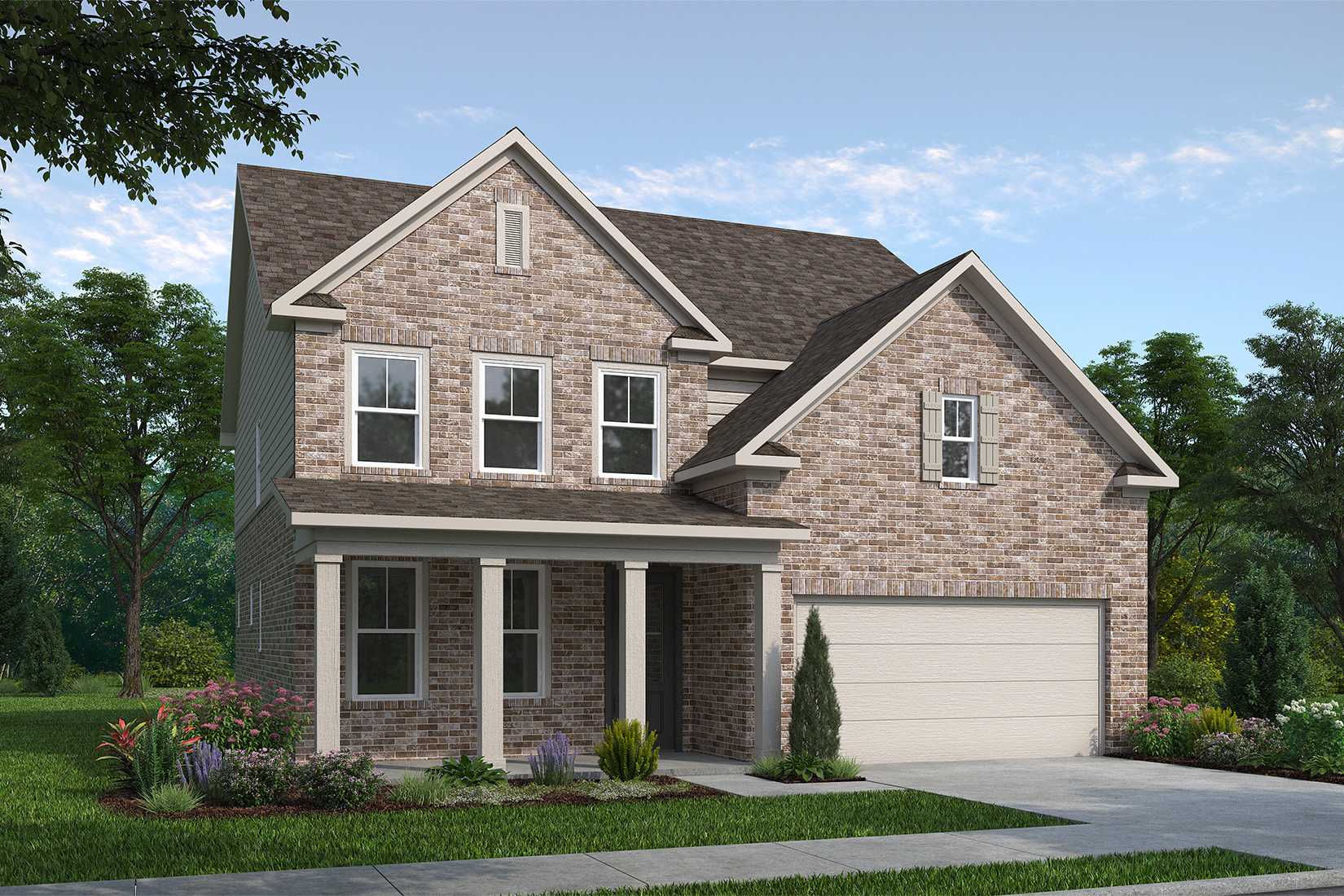 Two-story The Hickory G home elevation with brick and siding facade, covered front porch, two-car garage, and landscaped yard in Buford GA