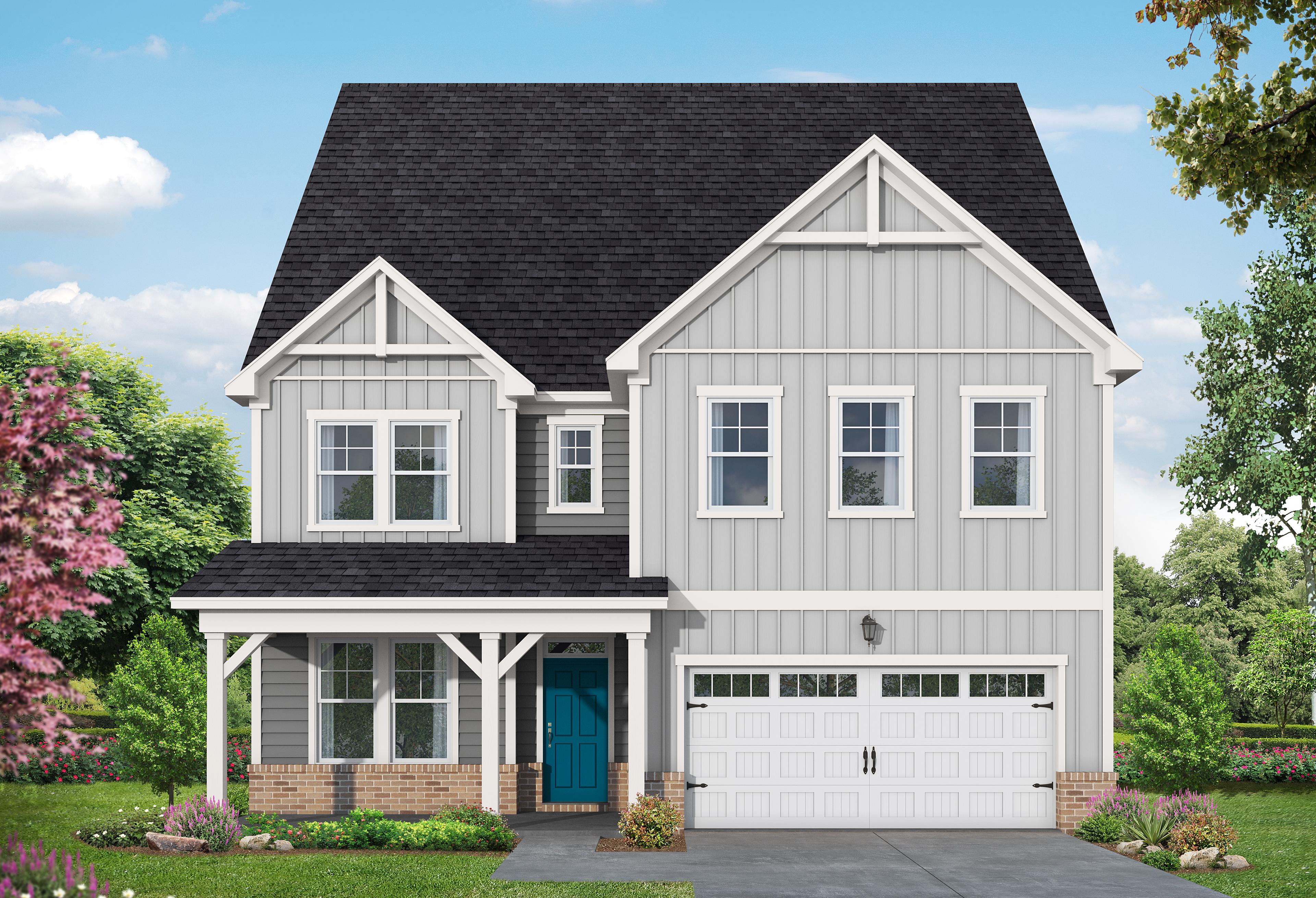 Two-story The Aspen B home elevation with gray siding, black gabled roof, blue door, white 2-car garage, and landscaped front yard in Belmont NC