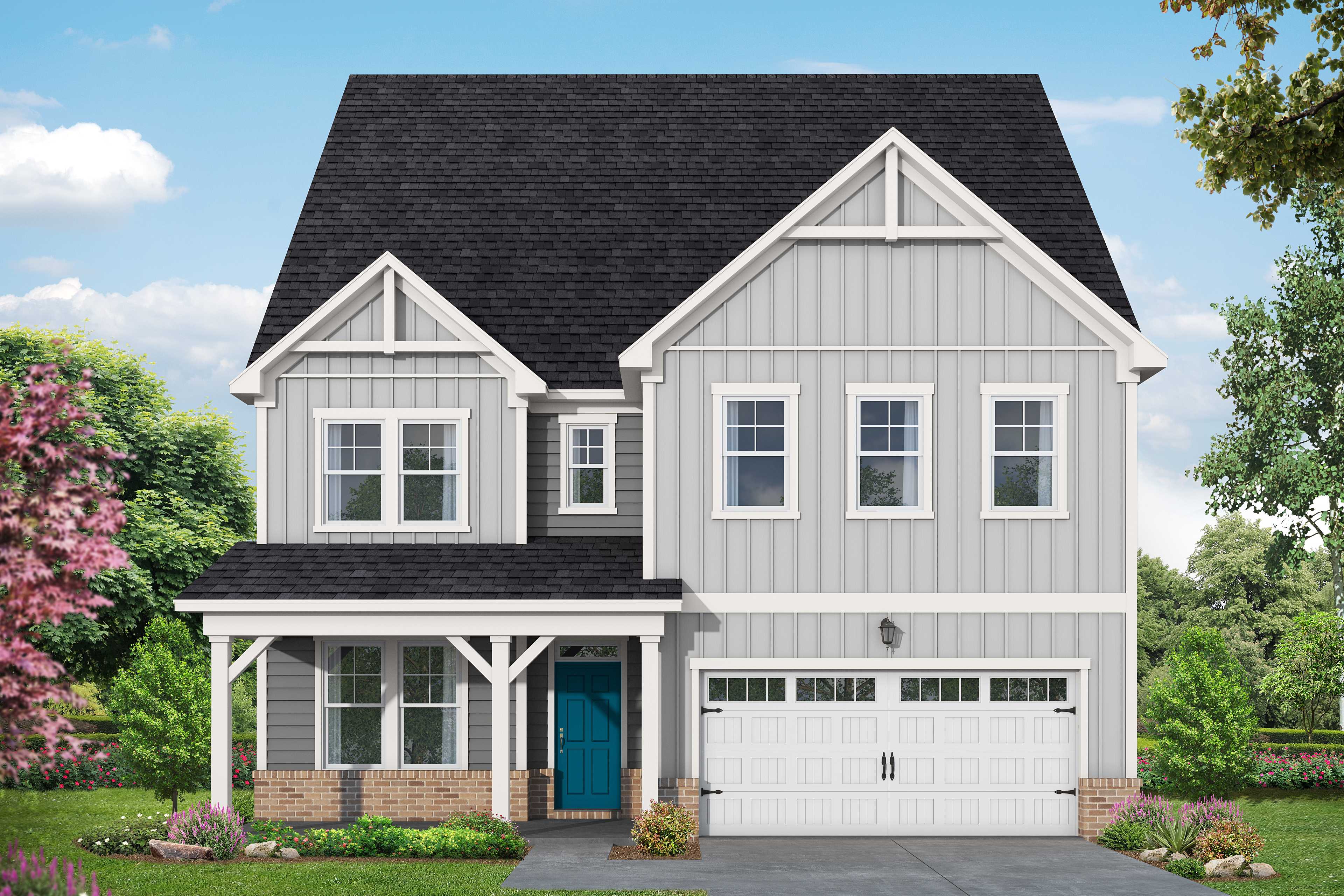 Two-story The Aspen B home elevation with gray siding, black gabled roof, blue door, white 2-car garage, and landscaped front yard in Belmont NC