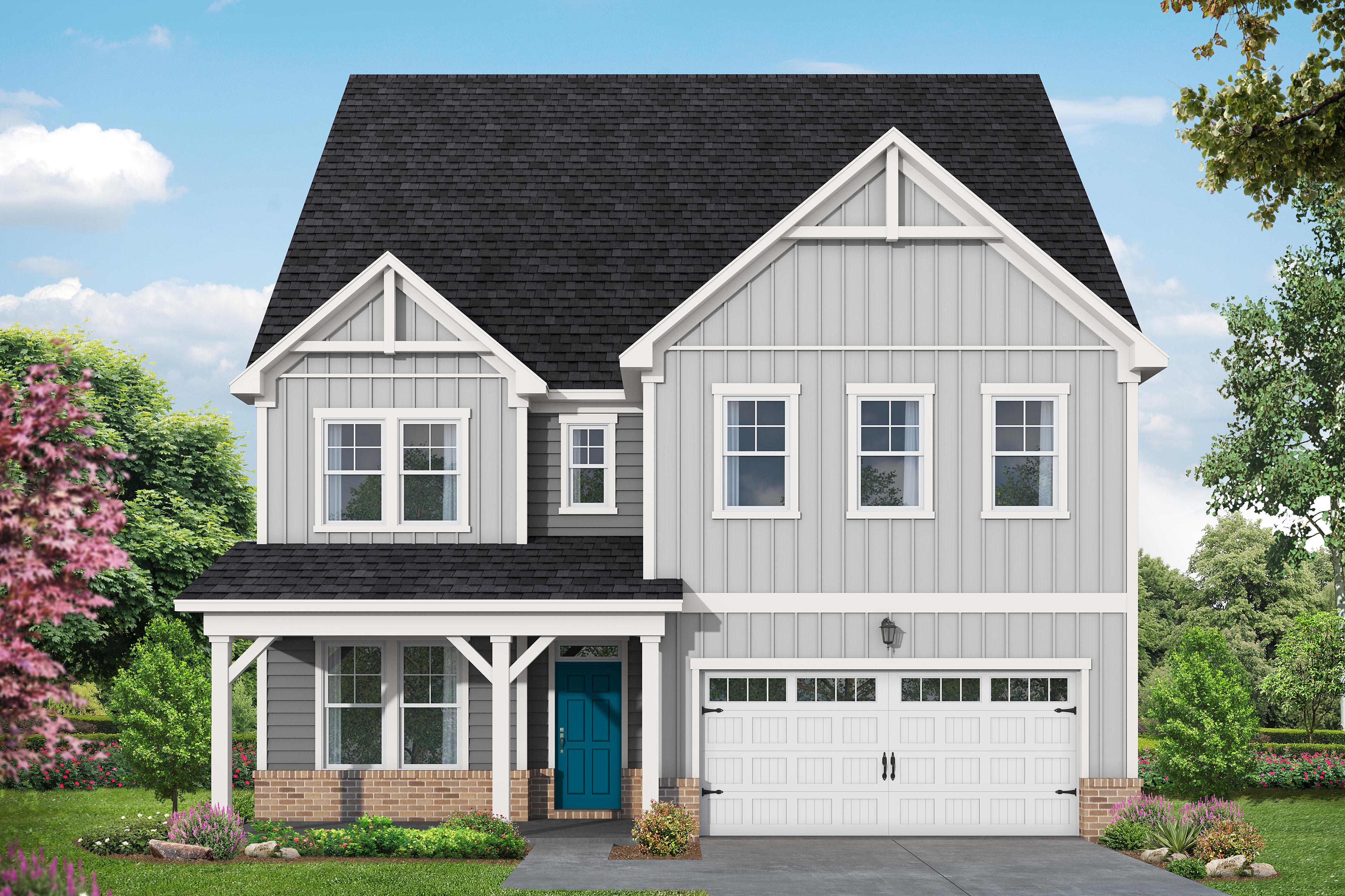 Two-story The Aspen B home elevation with gray siding, black gabled roof, blue door, white 2-car garage, and landscaped front yard in Belmont NC