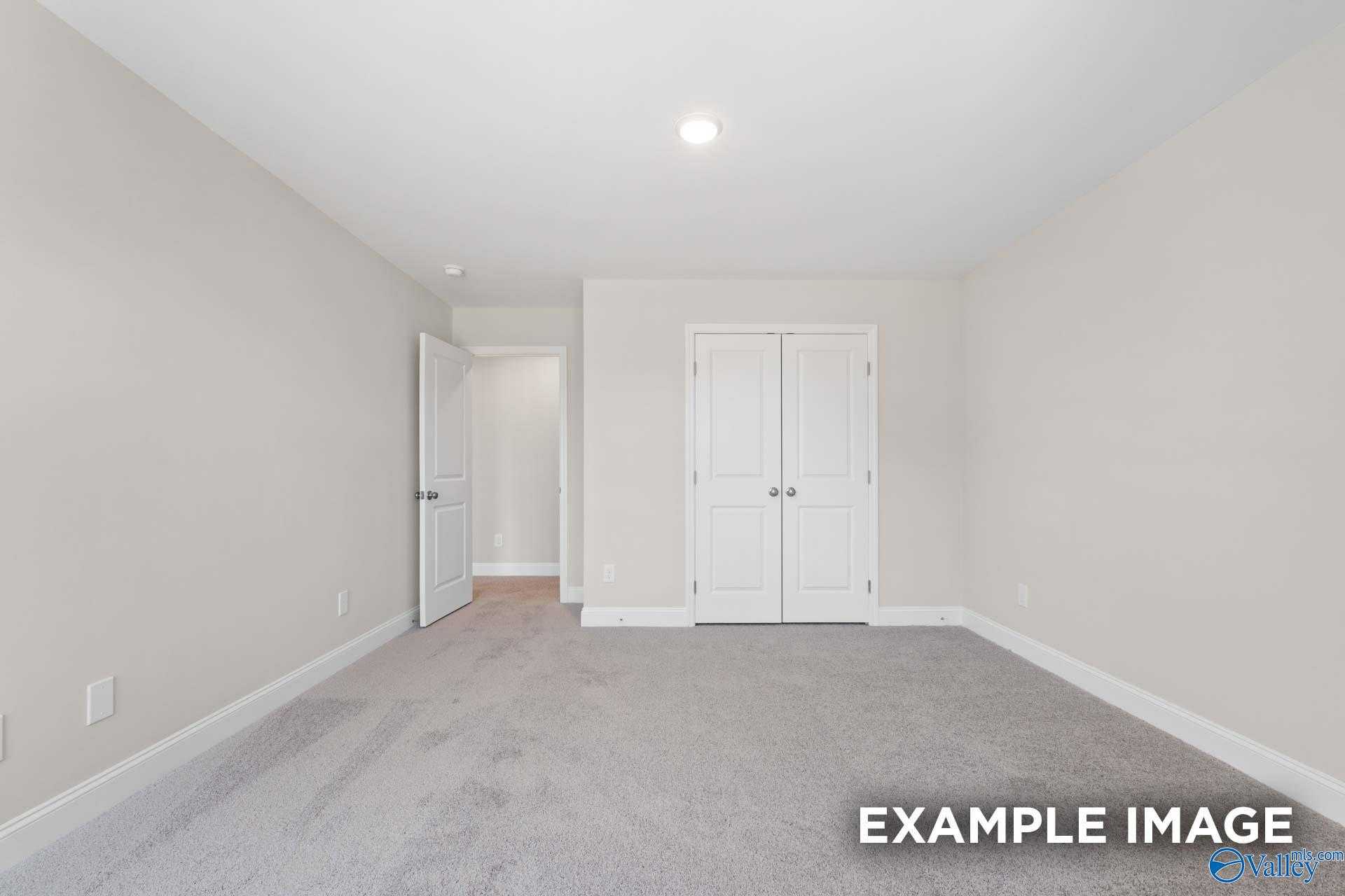 Spacious empty bedroom with beige walls, gray carpet, walk-in closet doors, and bathroom access in Davidson Homes The Camden C, Huntsville AL