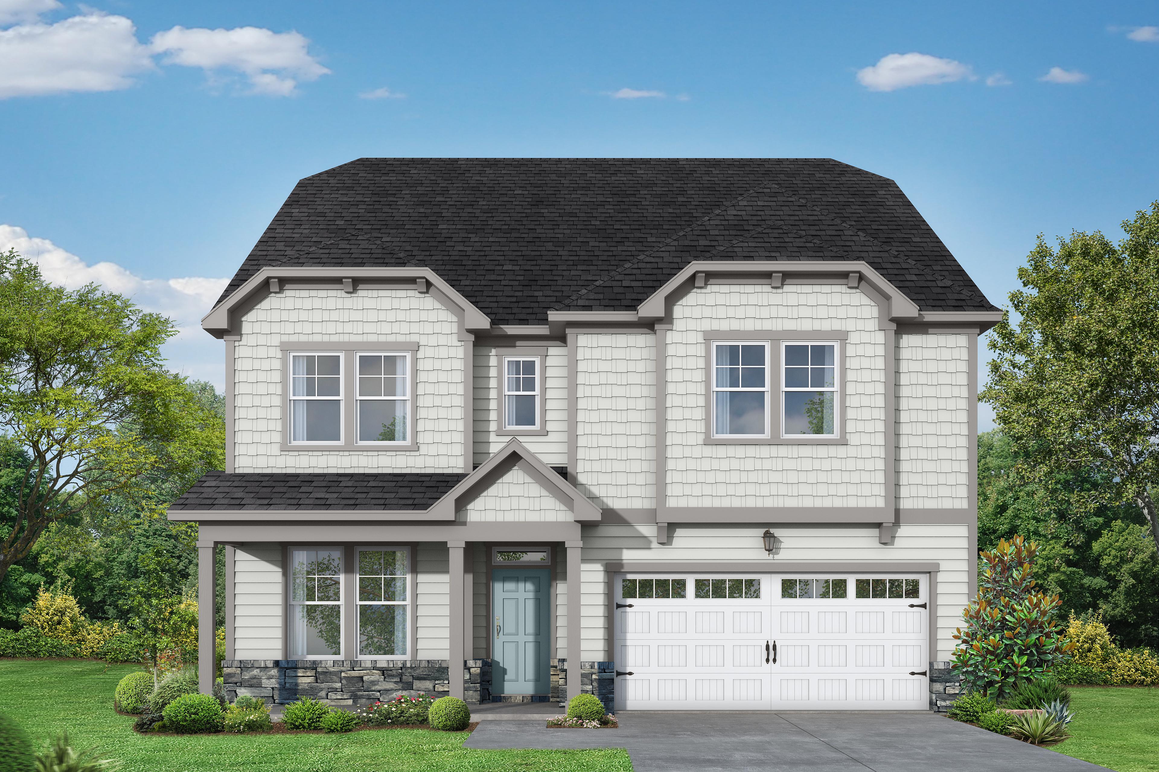 Two-story Beech C elevation by Davidson Homes: gray siding, stone accents, covered porch, blue door, two-car garage, lush landscaping
