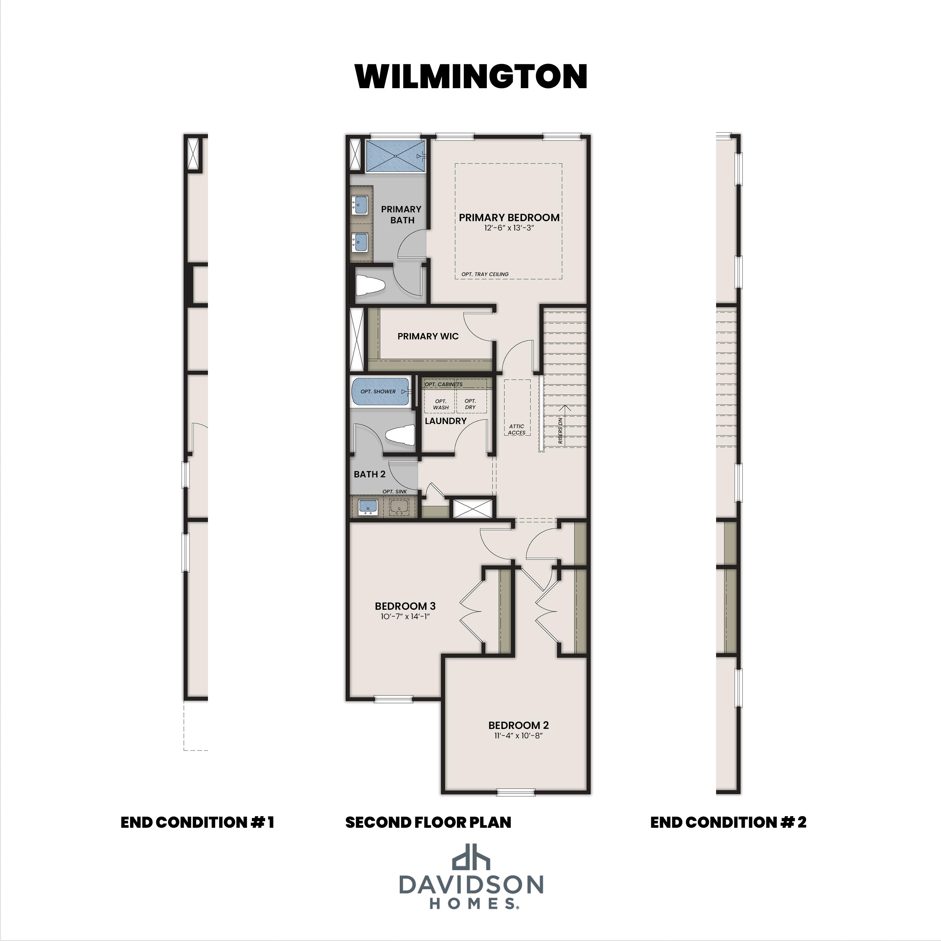 Upper floor plan of The Wilmington II showcasing the primary suite, two additional bedrooms, and laundry room layout.