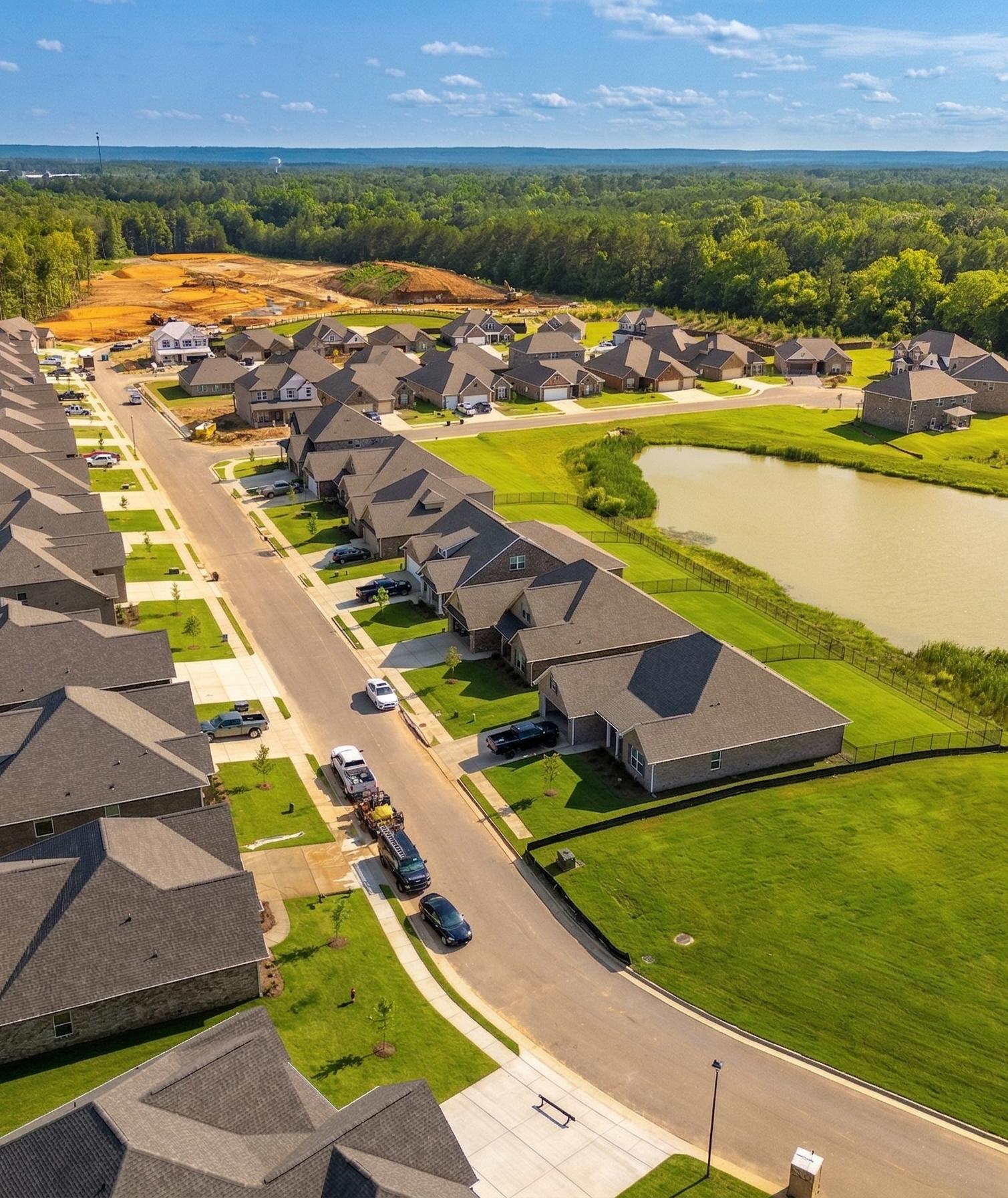 Aerial view of Cain Park neighborhood in Hartselle Alabama with new homes, scenic pond, streets and wooded surroundings