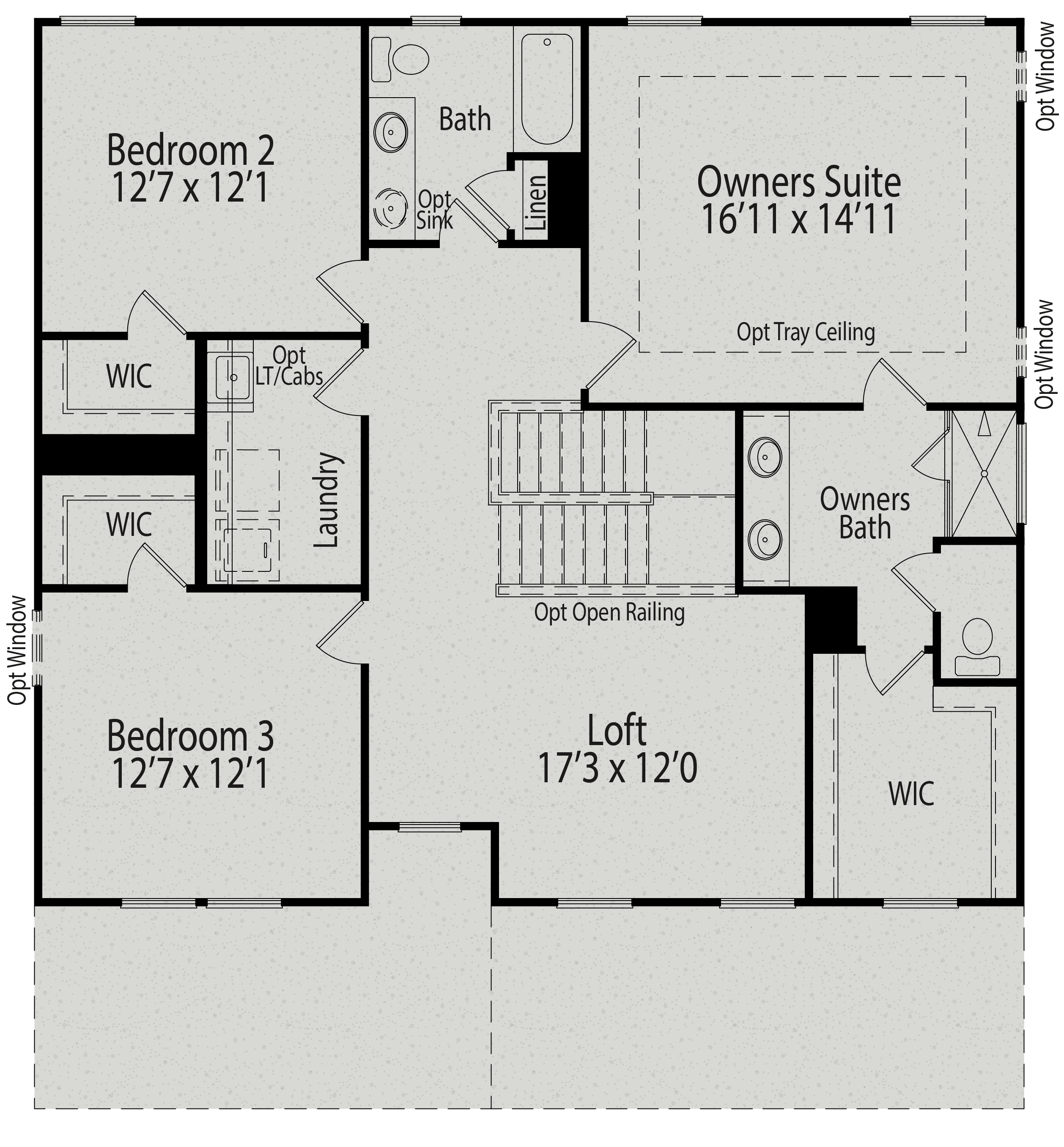 Upper floor plan of The Willow B showcasing owner's suite, secondary bedrooms, baths, and laundry in 2-story Davidson home