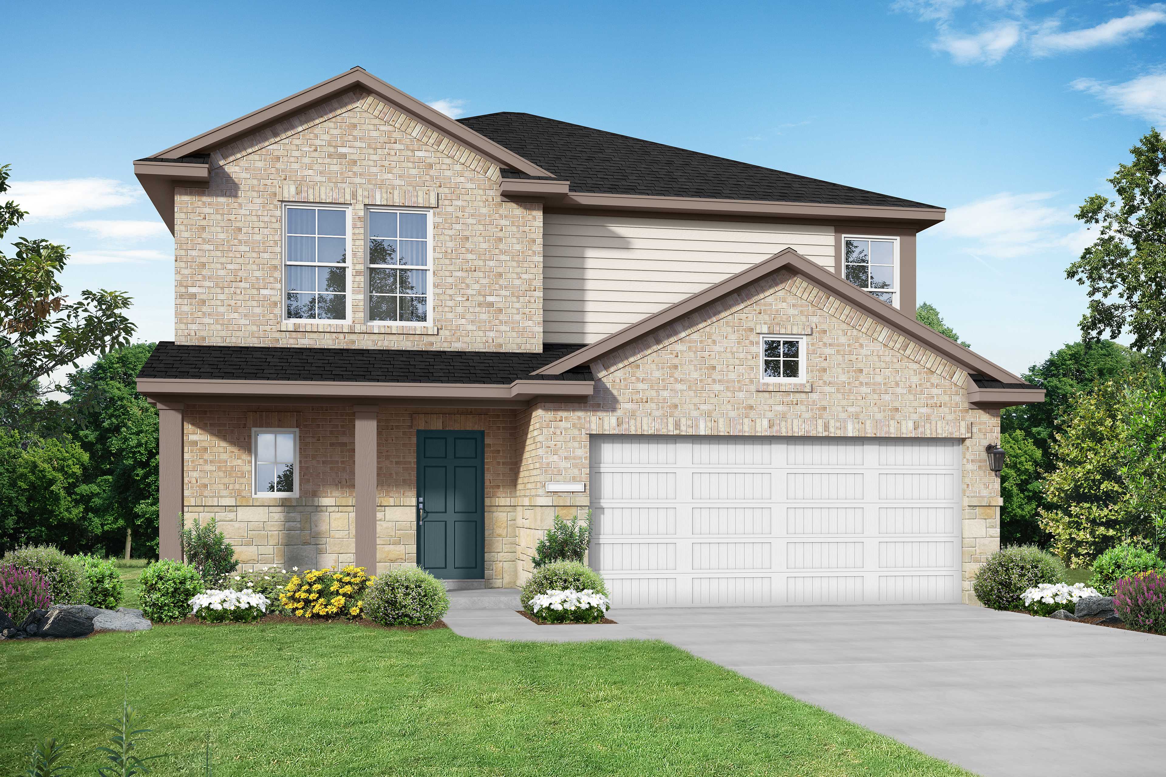 Exterior of The Tierra B, a two-story home with landscaping