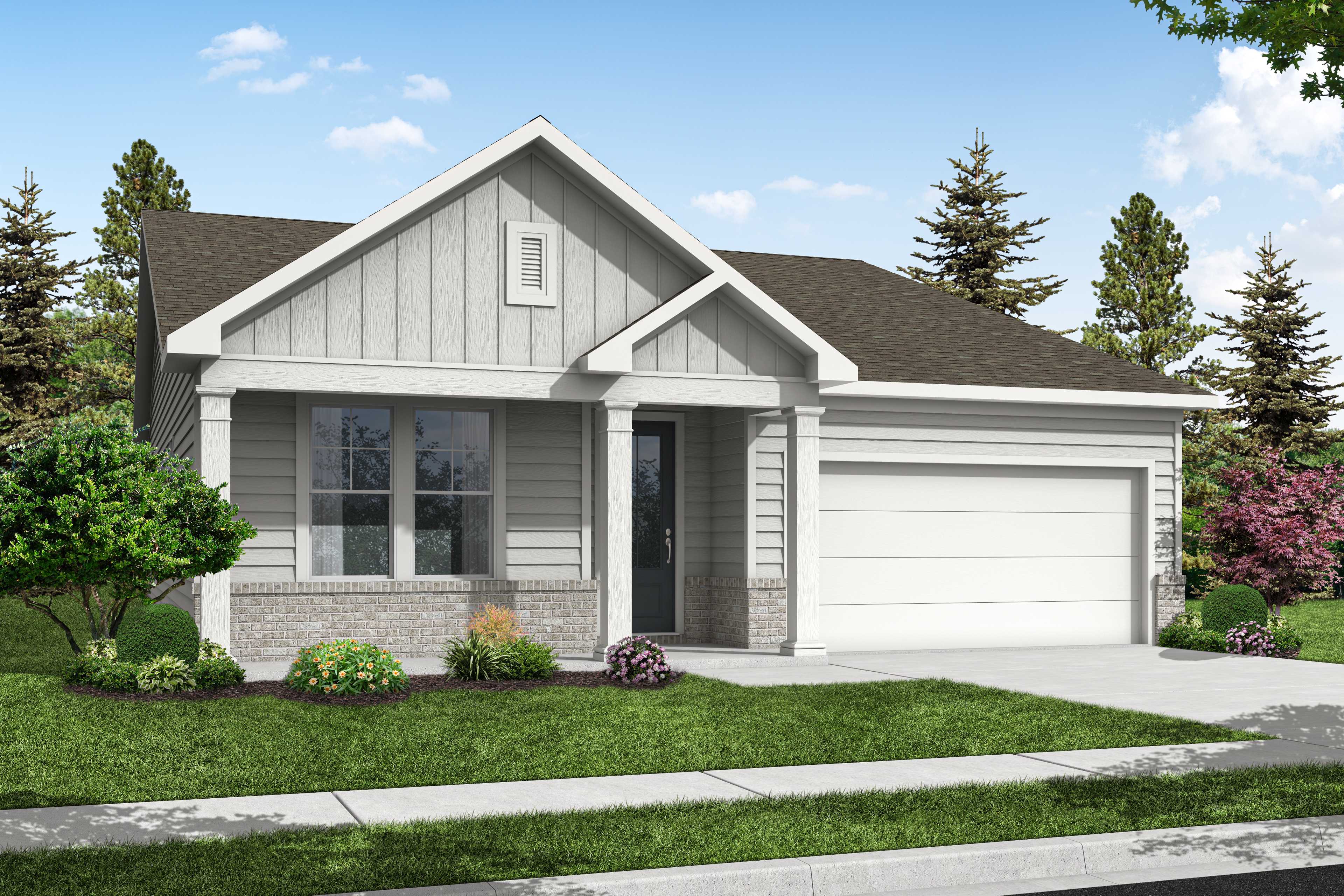 Modern single-story elevation of The Daphne B by Davidson Homes, beige siding, 2-car garage, front porch, landscaped yard in Loganville, GA