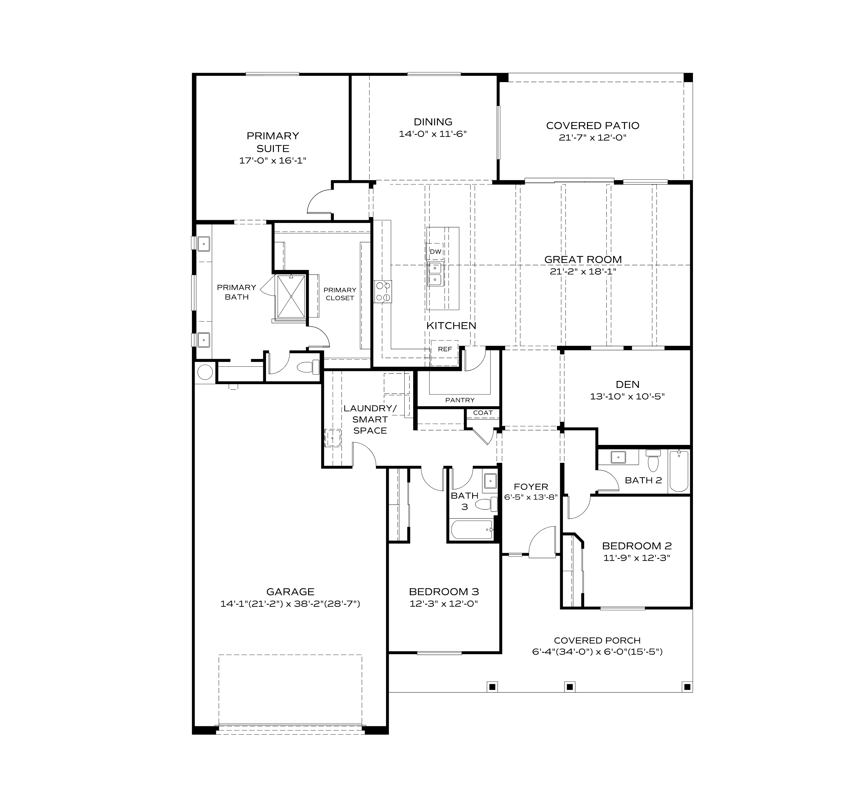 Sunrise II A floor plan: 3-4 bed, 3 bath, 1-story layout with open great room, kitchen, primary suite, and 2-car garage