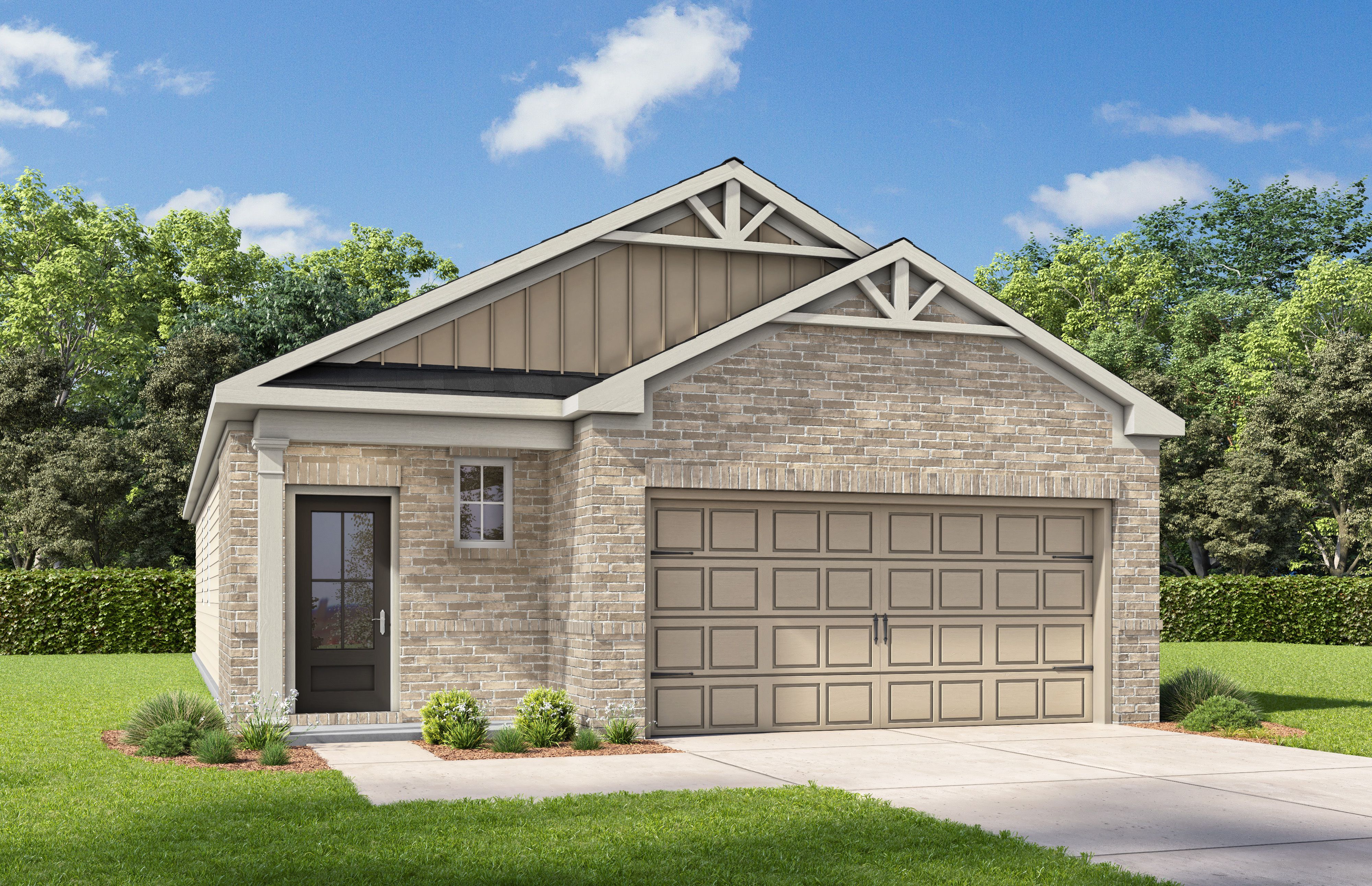 Modern brick and siding exterior of The Frio F single-story home featuring 2-car garage, gabled roof, and lush landscaping in Heartland Texas
