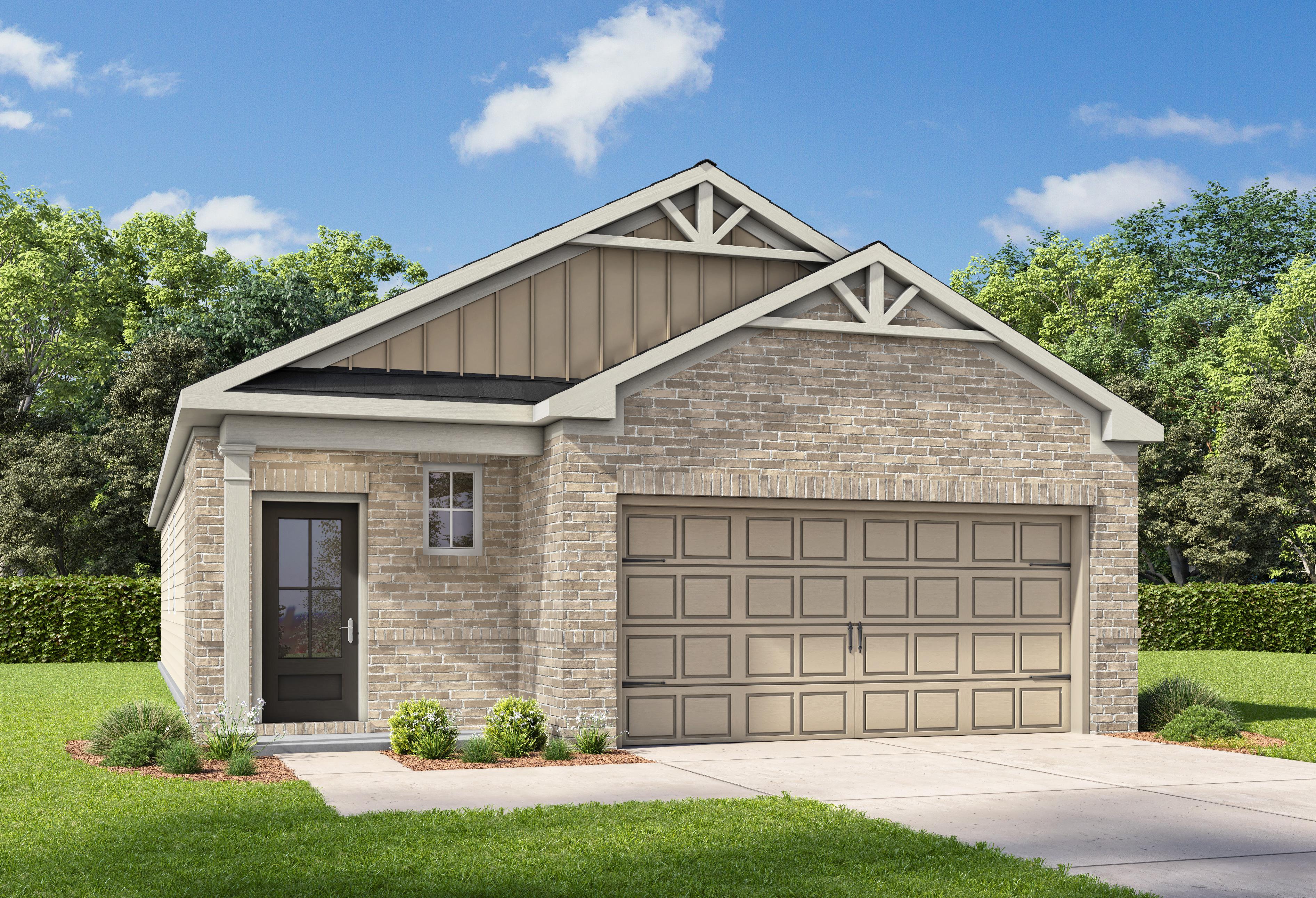 Modern brick and siding exterior of The Frio F single-story home featuring 2-car garage, gabled roof, and lush landscaping in Heartland Texas