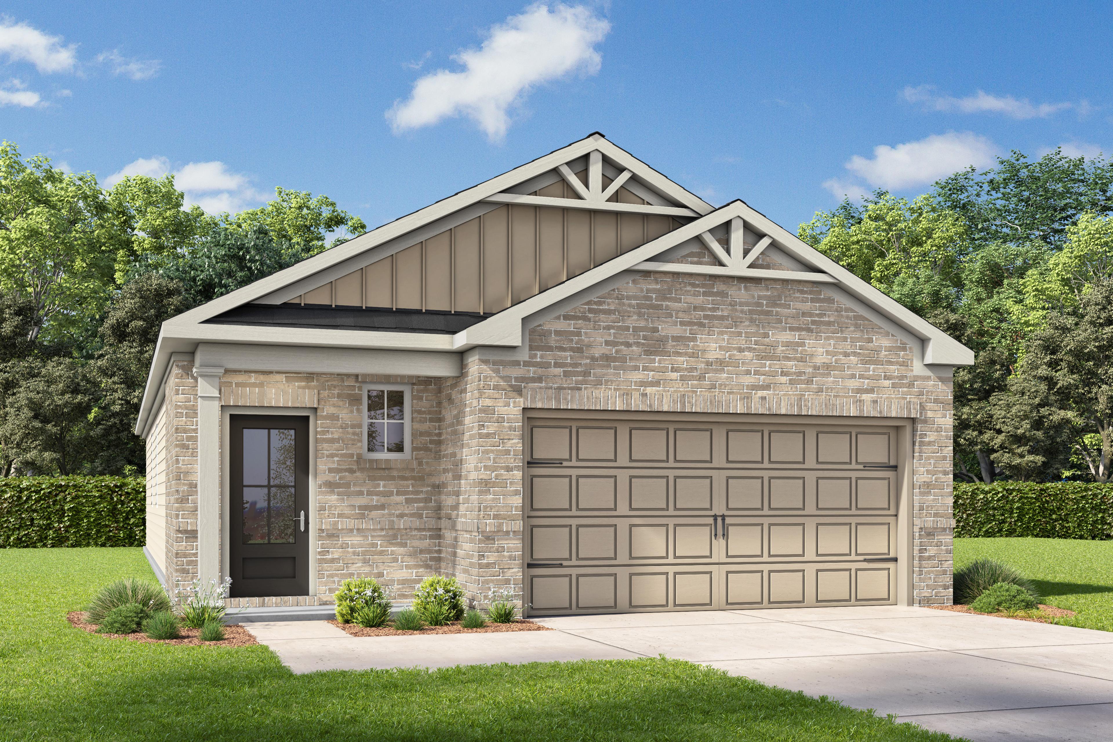 Brick and composition exterior of The Colorado K 4-bedroom single-story home with 2-car garage and gabled roof by Davidson Homes