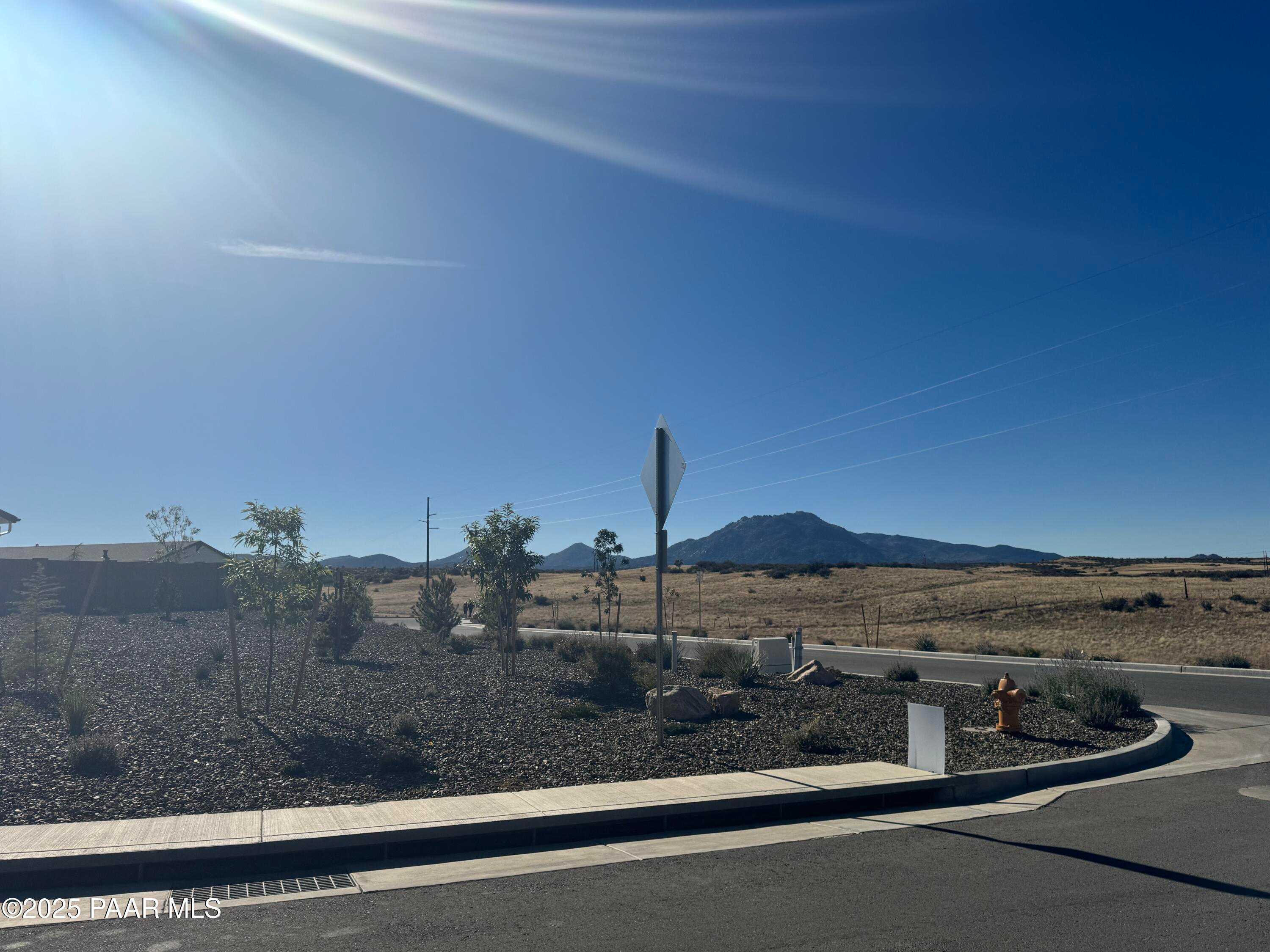Scenic desert landscape with mountain views, young trees, shrubs, and fire hydrant in Westwood, Prescott, Arizona - Davidson Homes The Summit A