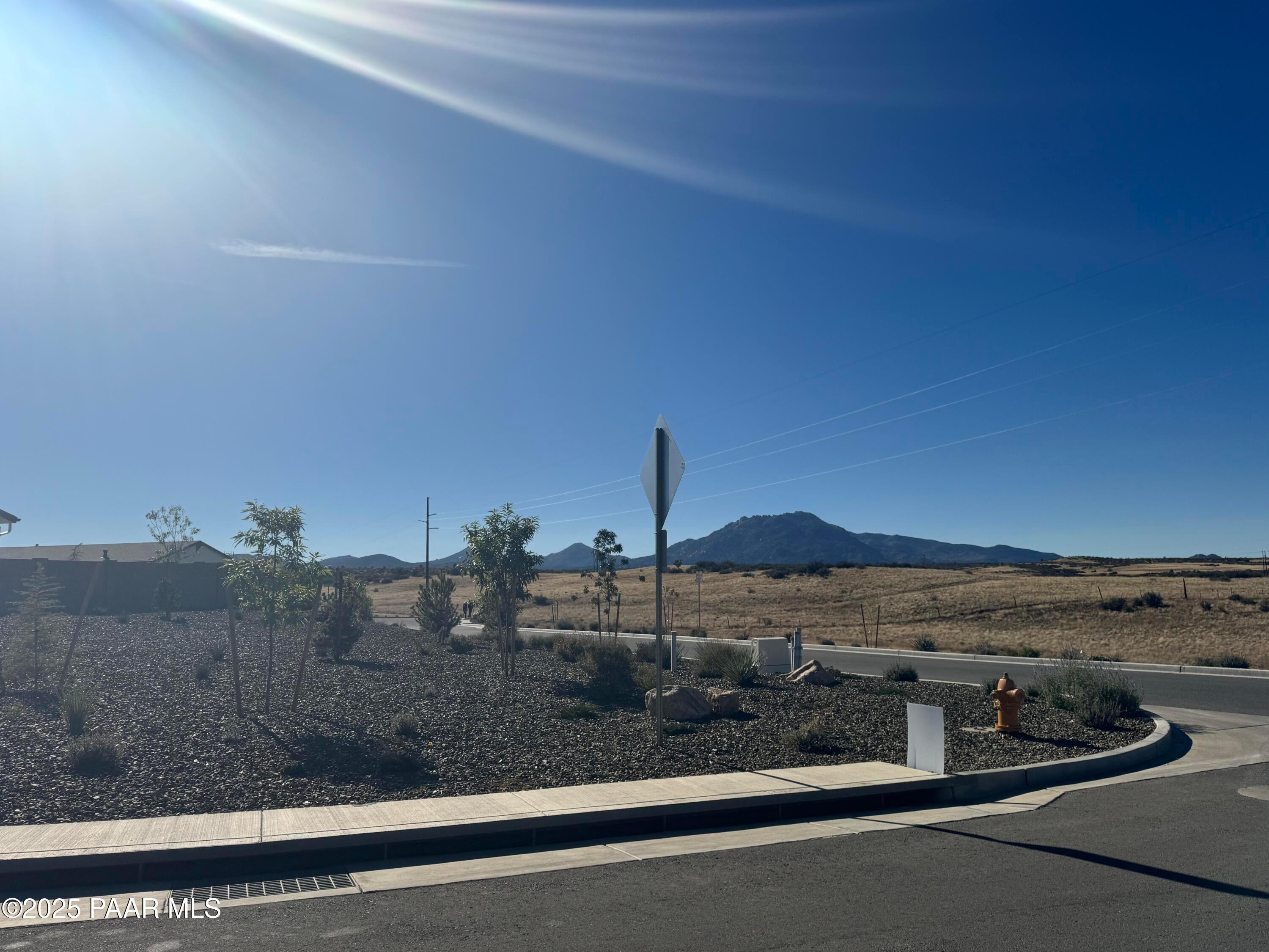 Scenic desert landscape with mountain views, young trees, shrubs, and fire hydrant in Westwood, Prescott, Arizona - Davidson Homes The Summit A
