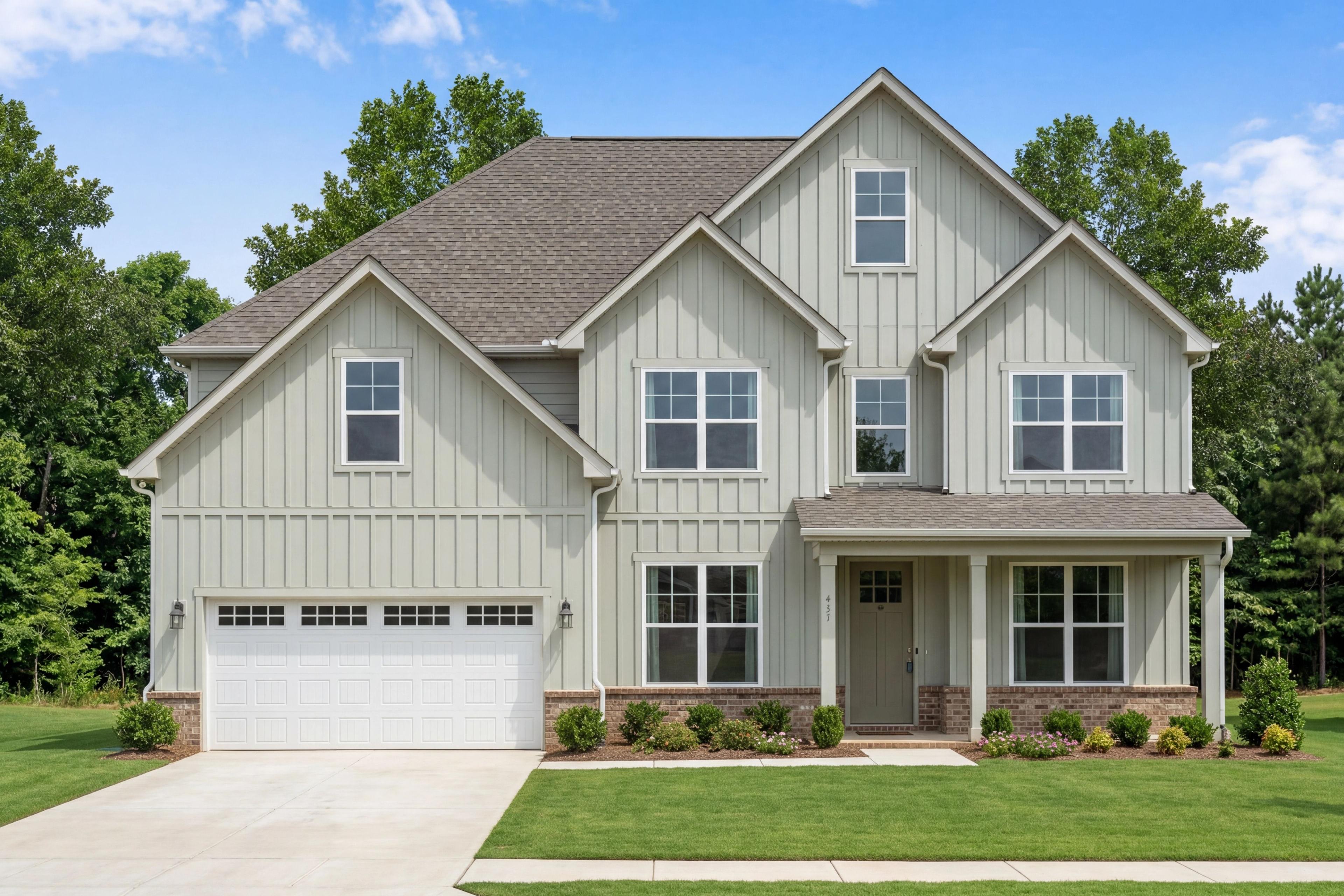 Two-story Madison D home design by Davidson Homes in Cullman, Alabama featuring board and batten siding and 2-car garage.