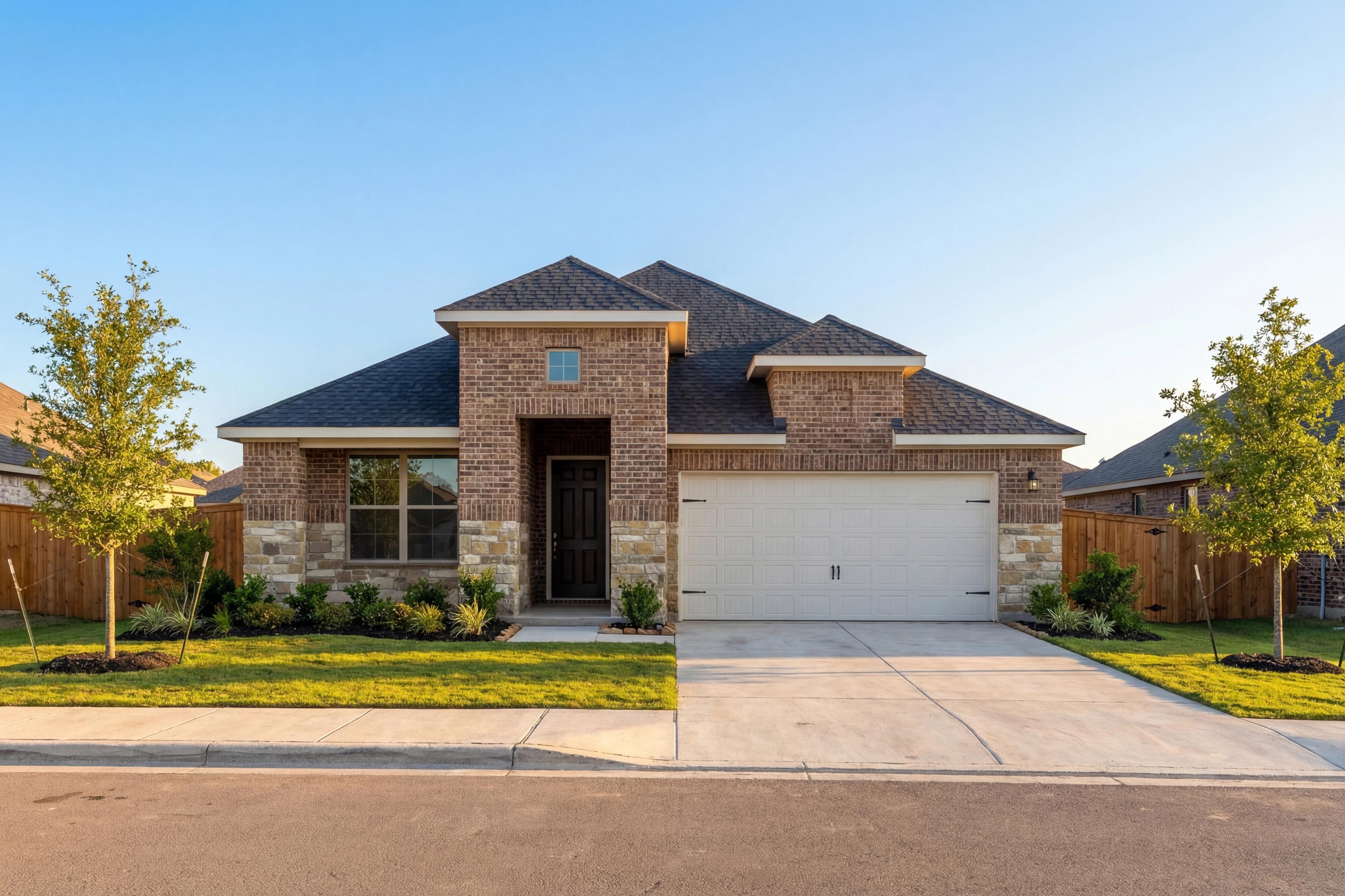 Modern brick and stone facade of The Acadia 4-bedroom single-story home with 2-car garage and lush front yard in Magnolia Texas