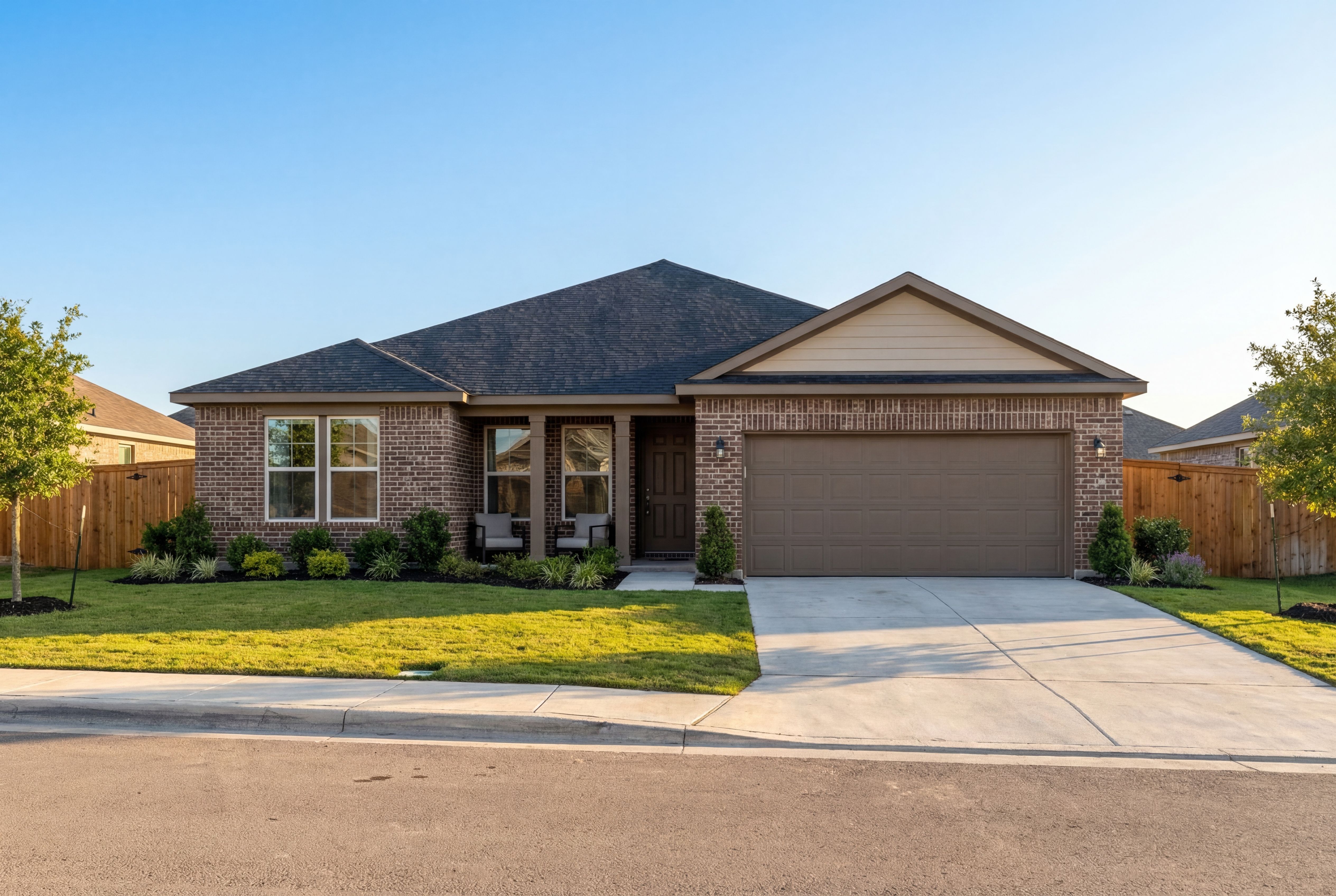 Front elevation of The Rockford 1-story home with brick and siding exterior, 2-car garage, and landscaped yard in Castroville, Texas