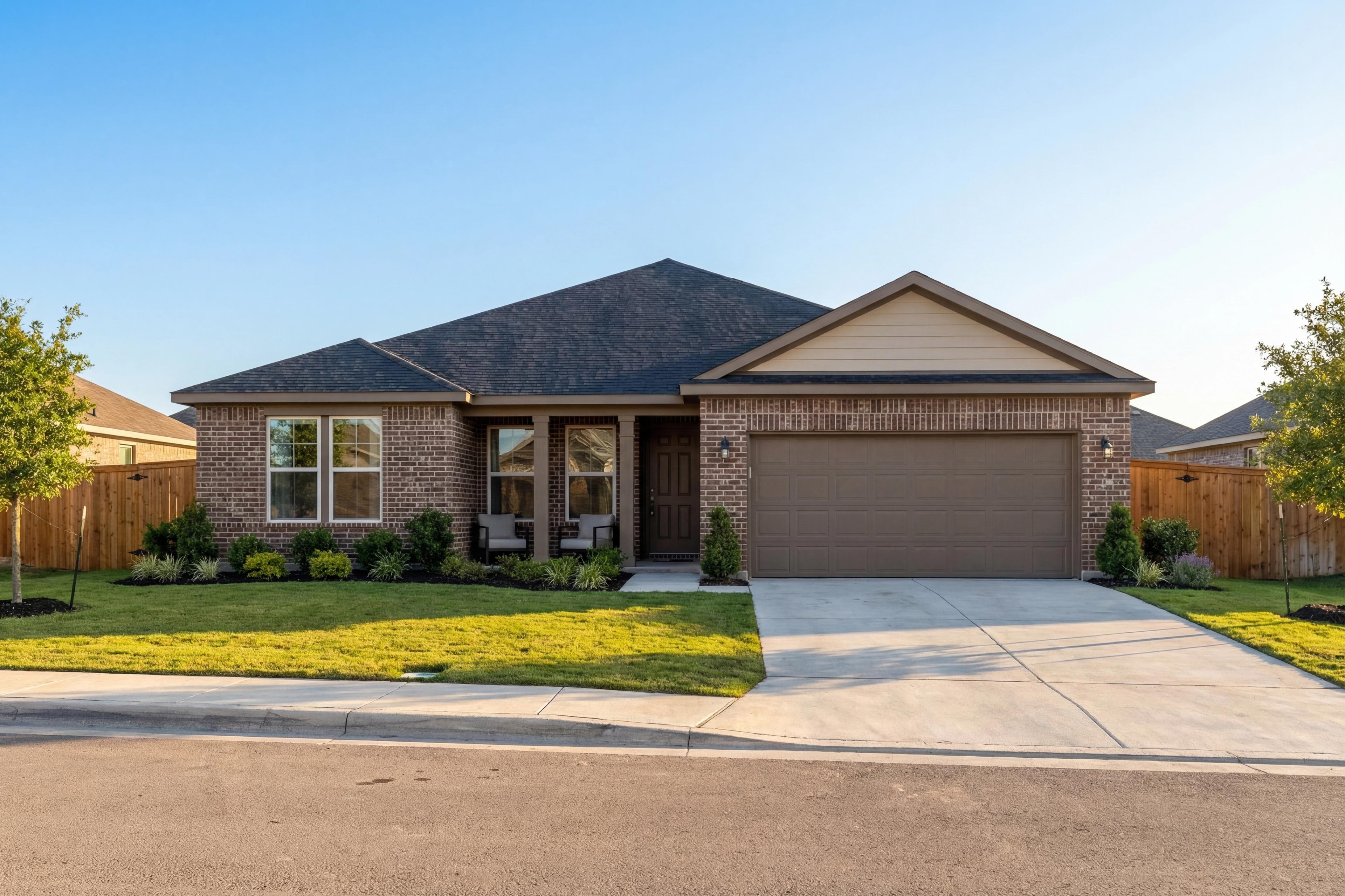 Front elevation of The Rockford 1-story home with brick and siding exterior, 2-car garage, and landscaped yard in Castroville, Texas