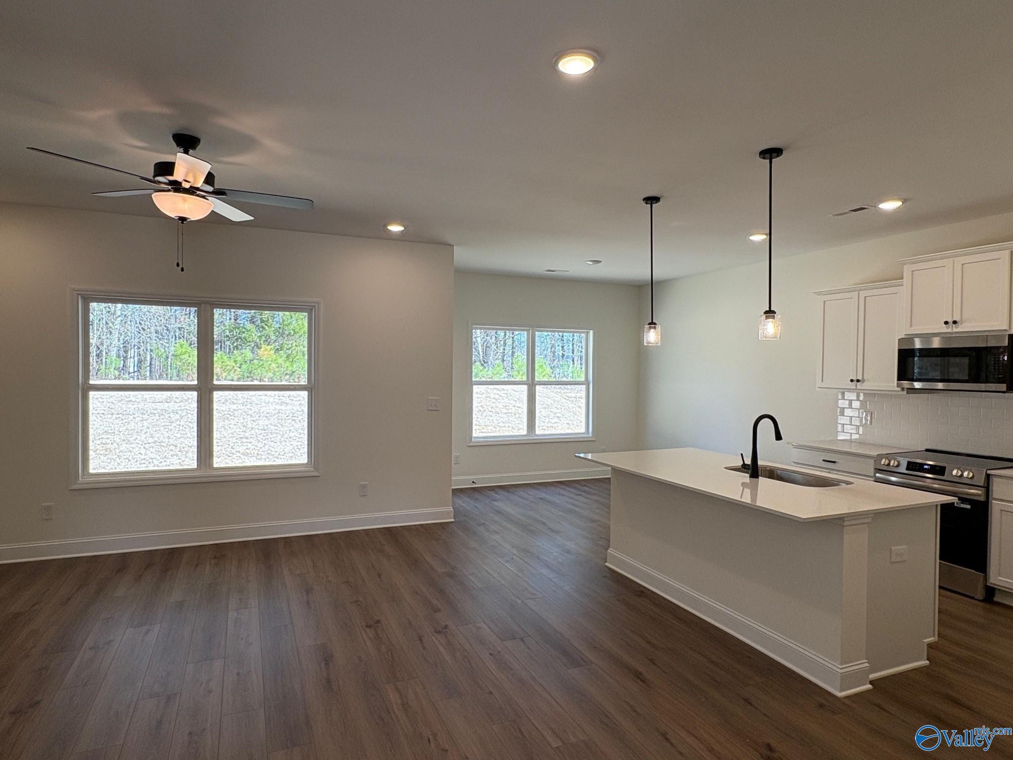 Open-concept kitchen and living area with white island, stainless appliances, ceiling fan, and tree-view windows in Davidson Homes The Asheville C, Arab, Alabama