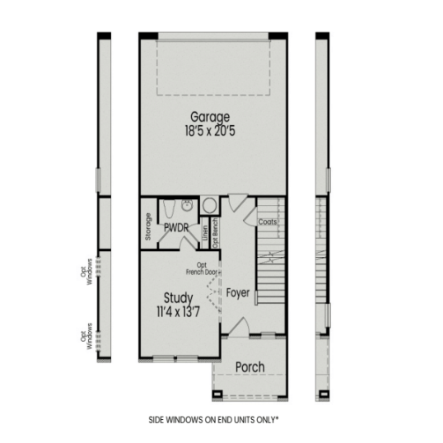 First floor plan of The Mitchell multi-family home by Davidson Homes in Knightdale NC, featuring 18x20 garage, study, foyer, and porch